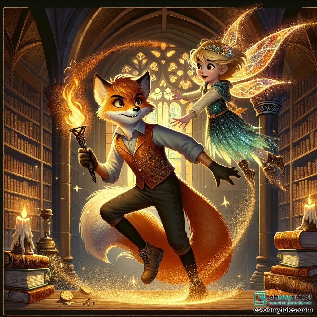 Ilustración que representa a un joven, un zorro de ojos vivos y pelaje ámbar, con una expresión de determinación. Está en una posición dinámica, listo para saltar, con una antorcha mágica en una pata que ilumina su rostro. A su lado, una niña, una hada con alas brillantes, flota sobre el suelo, con el cabello dorado danzando al viento, extendiendo la mano hacia el niño para ayudarlo. El entorno es una biblioteca antigua con estanterías de madera, libros polvorientos y rayos de luz filtrándose a través de vitrales, creando un juego de sombras. La escena principal muestra al niño y al hada luchando contra sombras amenazantes entre los libros, uniendo fuerzas para defender la magia de la ciudad. Elementos gráficos adicionales incluyen destellos de luz de la antorcha, siluetas oscuras en la penumbra y libros que parecen vibrar, añadiendo un toque de magia a la escena.