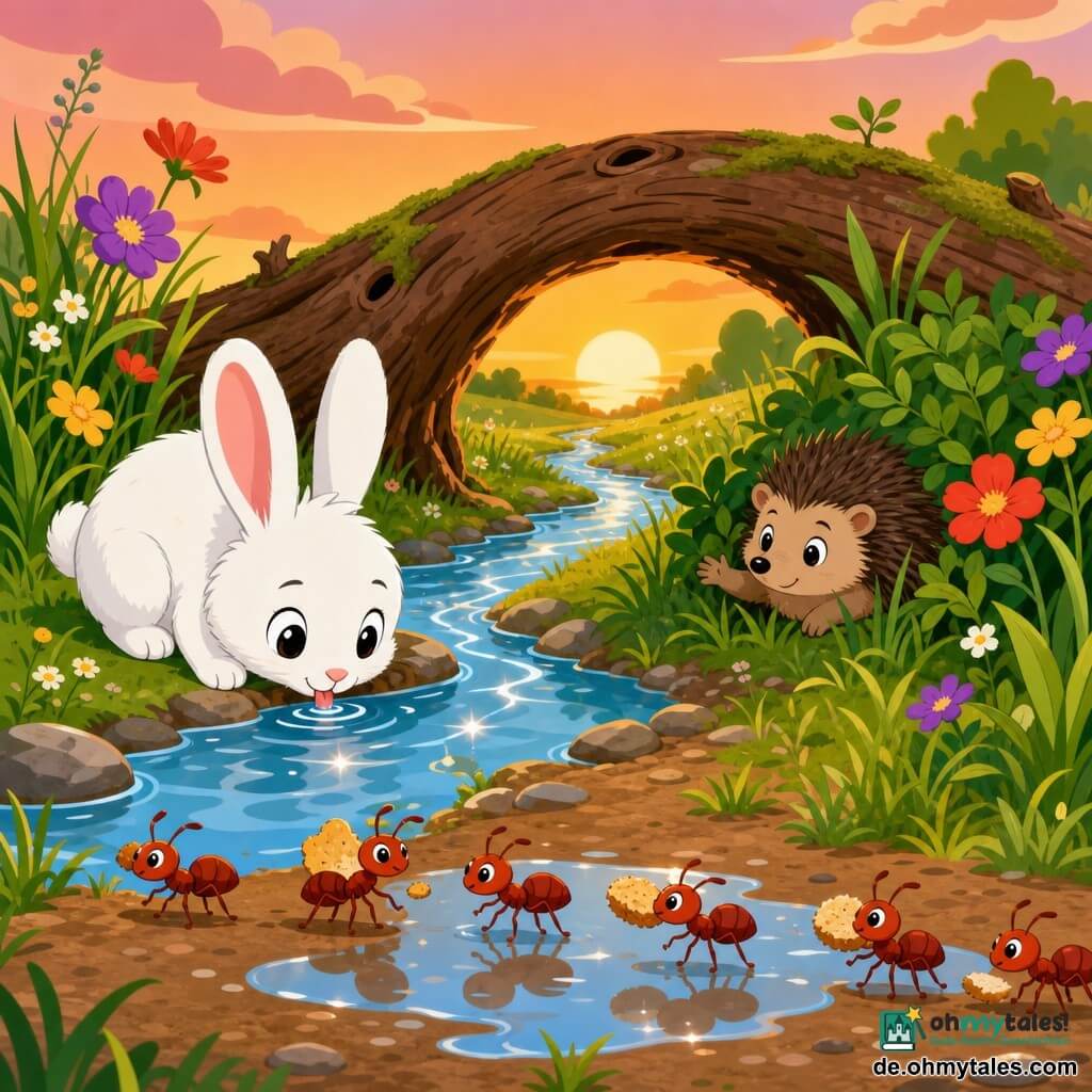 Ein kleiner weißer Hase mit großen runden Ohren, flauschigem Fell, glänzenden Augen und schelmischem Lächeln hockt am linken Ufer und trinkt fröhlich aus einem klaren Rinnsal; rechts nahebei liegt ein halbrund zusammengerollter brauner Igel mit weichen Stacheln und schüchternzufriedenem Blick neben einem Busch, während eine Gruppe niedlicher roter Ameisen im Vordergrund eine glänzende Pfütze überquert und Krümel trägt, alles in einer sonnigen Abendwiesenlandschaft mit hochgestyltem Gras, flachen bunten Blumen (violett, gelb, rot), einem glitzernden Bach mit weißen Reflexen und einem alten Baumstamm als Bogenbrücke im Hintergrund; die Szene zeigt eine friedliche, mutige Mini-Abenteuerstimmung, klare, fröhliche Farben und gut lesbare Komposition für sechsjährige Kinder.