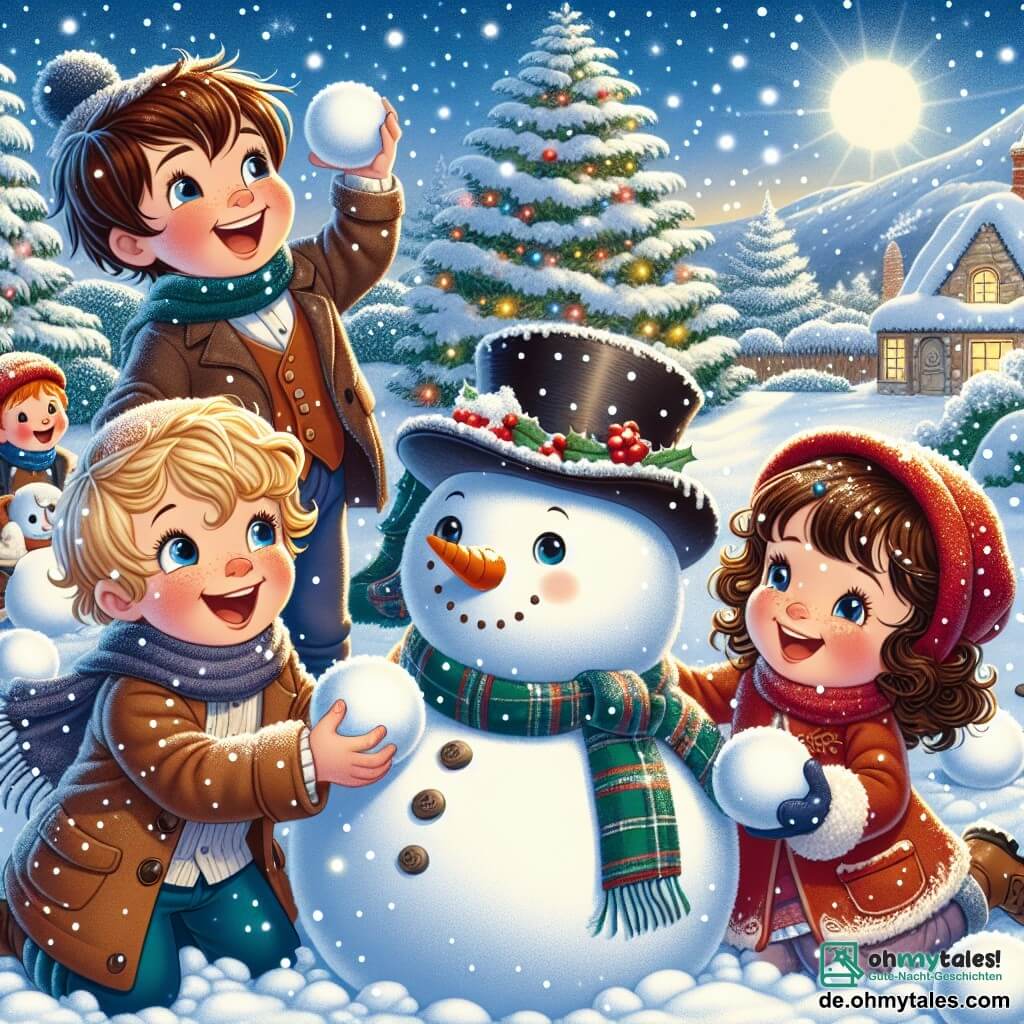 In einem charmanten, verschneiten Garten sind vier Freunde versammelt, um einen Schneemann zu bauen. Max, ein Junge mit zerzausten braunen Haaren und funkelnden Augen, rollt einen großen Schneeball und lacht laut. Neben ihm wirft Leo, ein blonder Junge mit einem schelmischen Lächeln, einen Schneeball in Richtung Tom. Tom, ein Junge mit kastanienbraunen Haaren und runden Brillen, steht etwas abseits und hält einen alten Filzhut, bereit ihn auf den Schneemann zu setzen. Schließlich bindet Mia, ein kleines Mädchen mit langen, lockigen Haaren und einer roten Mütze, einen hübschen bunten Schal um den Hals des Schneemanns. Der Garten ist mit funkelnden Schneeflocken bedeckt, die Bäume sind schneebedeckt und Weihnachtslichter leuchten sanft im Hintergrund. Der Himmel ist hellblau mit flauschigen weißen Wolken. Die vier Freunde haben Spaß zusammen, lachen und singen, während sie ihrem Schneemann, den sie Frosty genannt haben, Leben einhauchen, indem sie ihm lustige Accessoires hinzufügen und fröhliche Posen um ihn herum einnehmen.