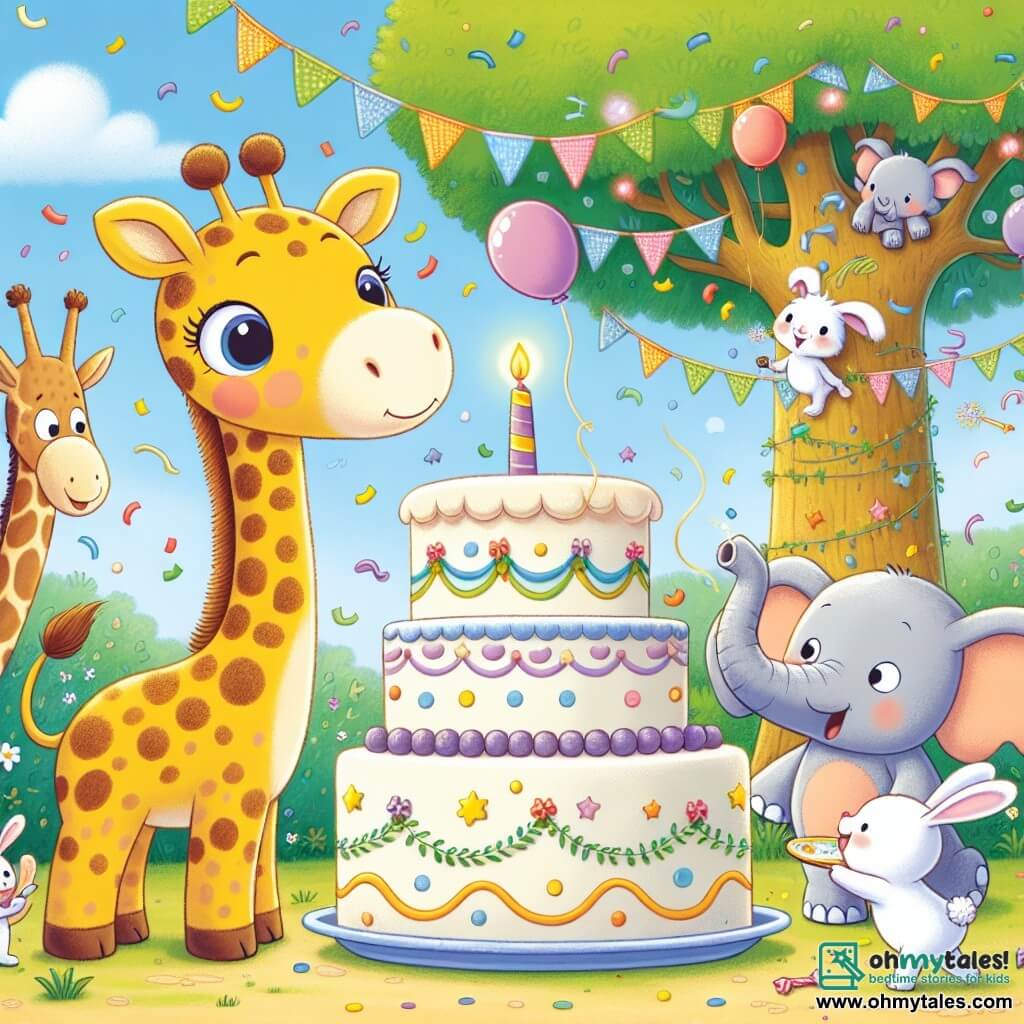 In the center of the image, a small giraffe named Gina, with yellow fur spotted with brown and large sparkling eyes full of joy, stands in front of a large birthday cake decorated with colorful candles. She smiles widely, her long delicate legs slightly bent as if ready to dance. To her right, Benny the rabbit, with his white fur and long floppy ears, jumps for joy, his eyes shining with excitement. He holds a small plate of cake in his front paws, ready to take a bite. To the left, Ellie the elephant, with her gray skin and large ears, leans forward with a warm smile, her gentle affectionate eyes blowing confetti into the air with her trunk. In the background, a majestic oak tree, adorned with colorful garlands, rises under a bright blue sky, while balloons float around, adding a festive touch to the joyful atmosphere. The scene shows Gina surrounded by her friends, all celebrating her birthday with laughter, smiles, and bursts of confetti, creating a magical and joyful ambiance.