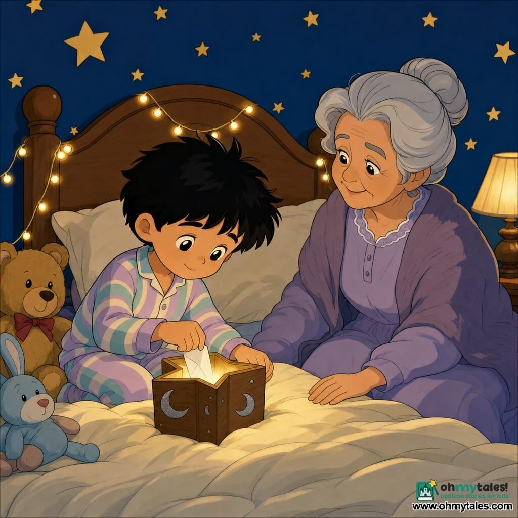 A serene bedtime scene: a 6-year-old boy with a round face, messy black hair and soft, slightly shiny eyes folds a small paper and slips it into a small star-shaped light-wood box painted with silver moons that glows faintly golden; a kindly 65-year-old grandmother with gray hair in a bun and a tender smile sits on the right edge of the bed, hand resting gently on the cream blanket to reassure him; the navy walls dotted with stars, warm string lights around the headboard and nearby stuffed animals create a warm, softly lit atmosphere as the boy in pastel-striped pajamas calmly deposits his note, evoking peace before sleep.