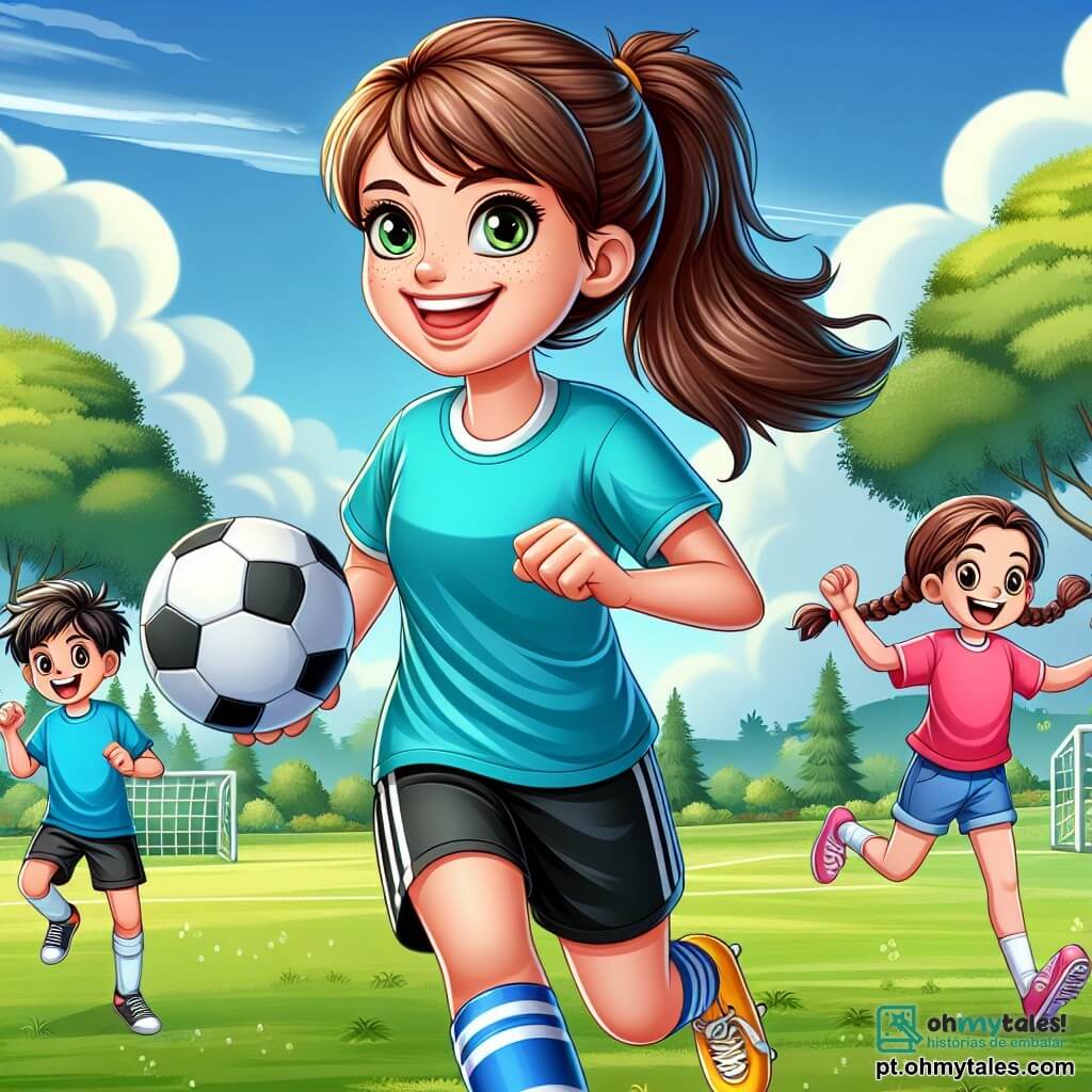 No centro da imagem, uma jovem, Maria, de cerca de 25 anos, dribla uma bola de futebol com um grande sorriso no rosto. Ela tem cabelos castanhos presos em um rabo de cavalo, usa uma camiseta azul vibrante, um short preto e chuteiras amarelas. Seus olhos brilham de excitação e alegria, refletindo seu amor pelo jogo. À sua direita, um menino chamado Lucas, de 10 anos, com cabelos bagunçados e uma camiseta vermelha, corre em direção à bola, com os braços abertos e uma expressão determinada. À esquerda, Ana, uma menina de 9 anos com tranças, usa um short rosa e uma camiseta amarela, pulando de alegria com as mãos levantadas, celebrando um gol. O cenário é um parque verdejante, com árvores majestosas ao fundo, um céu azul claro com algumas nuvens brancas e um campo de futebol bem cuidado. As crianças brincam ao redor, e risadas ecoam no ar. A cena principal mostra Maria e as crianças jogando futebol juntas, se incentivando mutuamente, em um ambiente de camaradagem e alegria, ilustrando o espírito de equipe e a diversão do jogo.
