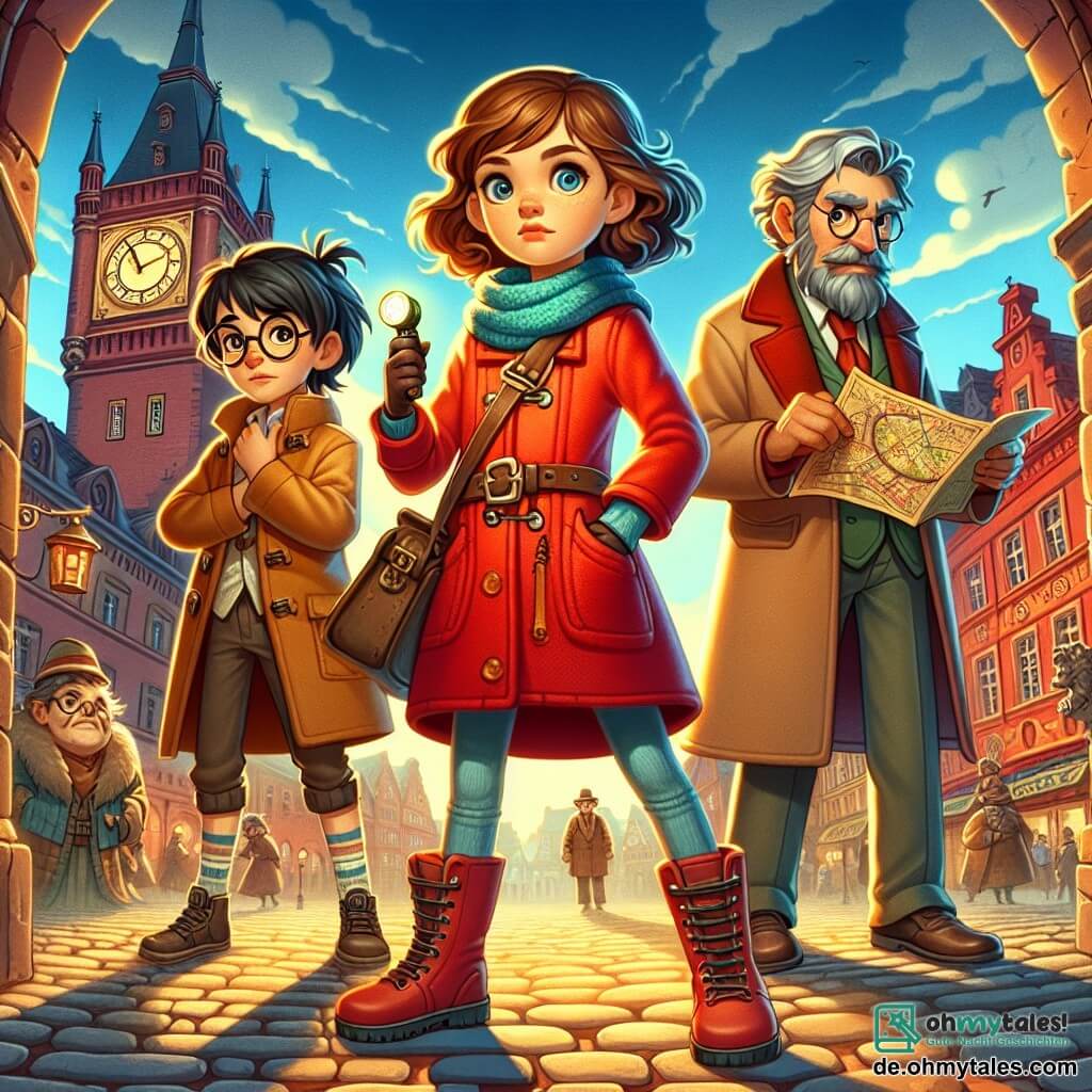 Lina, ein junges Mädchen mit lockigem, braunem Haar, trägt einen leuchtend roten Mantel und robuste Stiefel. Sie hat einen entschlossenen und neugierigen Blick, hält eine Taschenlampe in einer Hand und ein kleines Notizbuch in der anderen, bereit zu erkunden. An ihrer Seite steht Frau Dr. Tilda Stein, eine Frau in den Fünfzigern mit runden Brillen und grauem, hochgestecktem Haar, die konzentriert eine alte Karte betrachtet. Viktor Graus, ein Junge mit zerzausten schwarzen Haaren und einem schelmischen Lächeln, steht etwas im Hintergrund mit verschränkten Armen und einem herausfordernden Ausdruck.

Die Szene spielt sich auf einem alten, gepflasterten Markt ab, umgeben von roten Backsteingebäuden und alten Statuen, mit einer großen Uhr in der Mitte, die einen langen, geheimnisvollen Schatten wirft. Der Himmel ist strahlend blau, und einige weiße Wolken treiben faul dahin.

Lina und Frau Dr. Tilda Stein stehen vor einer leuchtenden Tür, die in der Luft zu schweben scheint, während Viktor Graus sie mit einem schalkhaften Lächeln beobachtet. Die Atmosphäre ist erfüllt von Aufregung und Geheimnis, während sich die Charaktere darauf vorbereiten, in eine unbekannte Welt einzutreten.