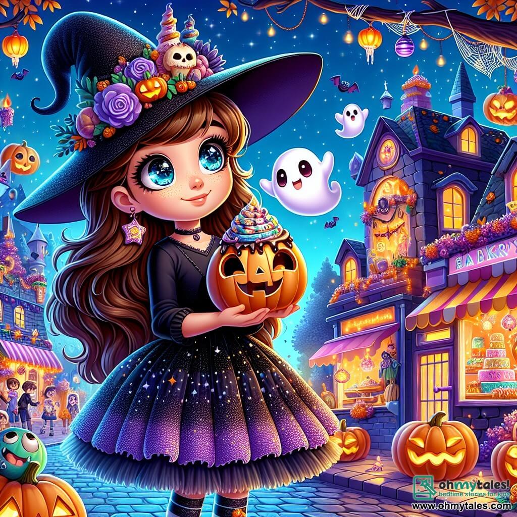 A 10-year-old girl named Luna, with long brown hair and sparkling curious eyes, wears a black witch costume with a pointed hat and a tulle skirt. She smiles in wonder, holding a small decorated pumpkin in her arms. Next to her, a little ghost named Boo, with a round friendly face, floats in the air, arms raised as if trying to wave. The setting is a lively street during Halloween, adorned with orange lanterns, sparkling spider webs, and houses decorated with dancing skeletons and flying bats. The trees are covered with golden leaves, and the sky is a deep blue, dotted with bright stars. The main scene shows Luna and Boo exploring the window of a giant cupcake-shaped bakery, amazed by the colorful treats and strange cakes that seem almost alive.
