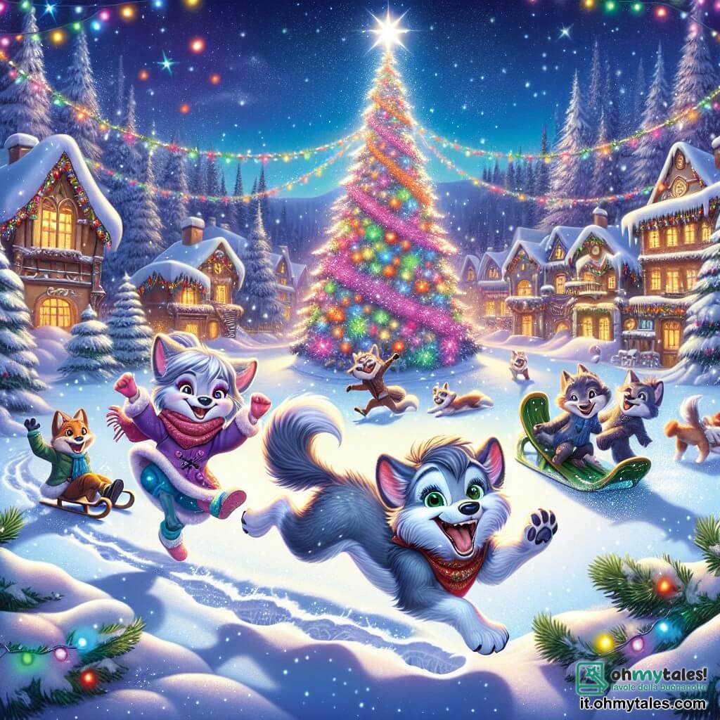 Lupoletto, un piccolo lupo dal pelo grigio e dagli occhi scintillanti di gioia, salta nella neve con un grande sorriso sul volto, circondato da fiocchi luccicanti. Accanto a lui, Lupa Linda, sua sorella, con un pelo morbido e occhi brillanti, danza felicemente con le zampe sollevate in aria, piena di eccitazione. Sullo sfondo, Lupo Bob, un lupo con un grande cappello a cilindro, ride mentre scivola su una slitta, mentre Lupa Stella, una lupetta dai colori vivaci, fa delle piroette nella neve, con gli occhi illuminati dalla felicità. Il contesto è un villaggio incantato, con alberi innevati decorati con ghirlande luminose e un grande albero scintillante al centro della piazza, dove luci colorate illuminano la notte stellata. La scena emana un'atmosfera festosa e calorosa, piena di risate e gioia, mentre i personaggi celebrano insieme il Capodanno in un'atmosfera magica.