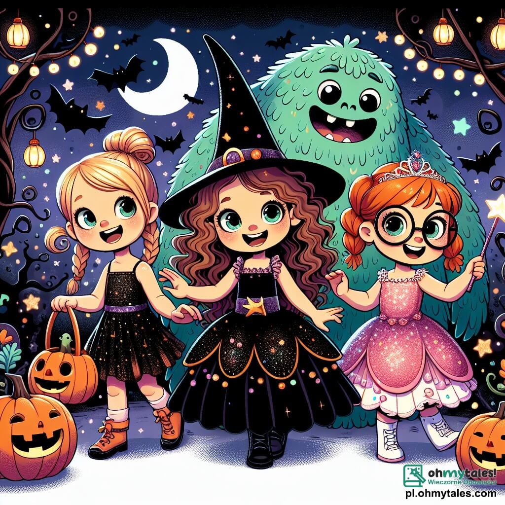 Trzy dziewczynki, w wieku około 10 lat, stoją w centrum magicznego ogrodu Halloween. Maja, z kręconymi brązowymi włosami i promiennym uśmiechem, ma na sobie czarny kostium czarownicy z skrzydłami nietoperza. Po jej prawej stronie Zosia, z warkoczami blond włosów, nosi sukienkę czarownicy ozdobioną brokatem i trzyma małą dynię. Po lewej stronie Ania, z rudymi włosami i okularami, jest ubrana w suknię księżniczki w różowym kolorze, trzymając różdżkę. Ogród jest oświetlony latarniami w kształcie dyni, a gwiazdy świecą na nocnym niebie. Skręcone drzewa otaczają przestrzeń, a przyjazne duchy unoszą się wokół, dodając magii. Dziewczynki radośnie tańczą z dużym potworem o przyjaznym uśmiechu, który ma okrągłe oczy i błyszczące białe zęby. Razem świętują Halloween, tworząc atmosferę radości i przyjaźni, podczas gdy kolorowe fajerwerki rozświetlają niebo nad nimi.