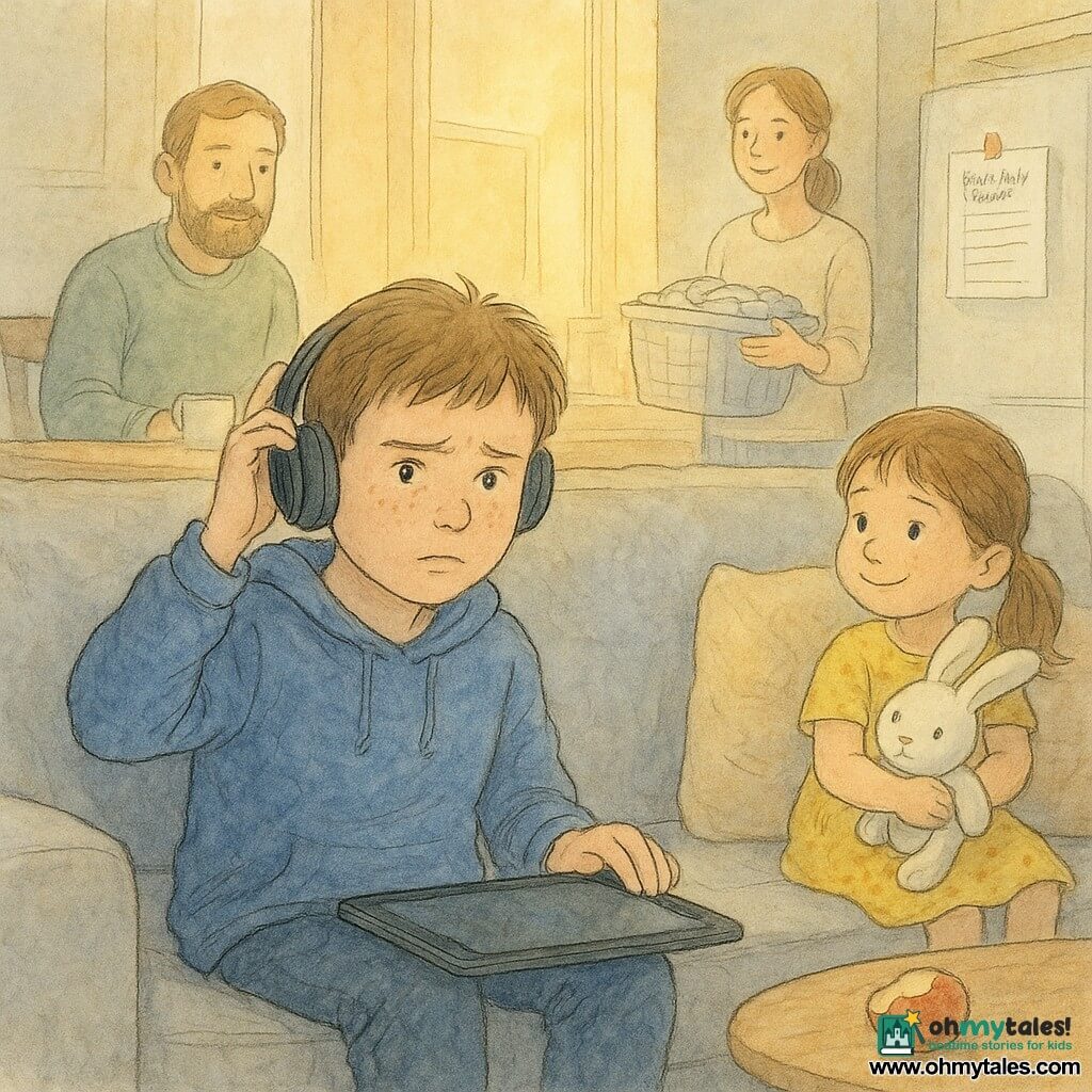 10-year-old boy Max: round face with freckles, short brown hair, slightly worn blue sweatshirt, worried but determined, left hand on a black tablet on the sofa and removing his headphones with the other; 6-year-old girl Lila: brown hair in pigtails, yellow polka-dot dress, holding a white plush rabbit and smiling curiously from a cushion fort beside the sofa; father in his 40s with short beard and green sweater sits at the table in the background watching Max kindly with a cup of tea; mother in her 30s with tied-back hair holds a basket of folded laundry in the kitchen doorway, watching gently; warm family living room at dusk with gray sofa, beige rug, a square of golden light on the floor from the window, a small coffee table with a half-eaten apple and a dimly lit tablet, main moment: Max pauses a loud video with bluish screen light on his face, contrasting with the room’s calm; a small paper titled "Brain-Body Meter" is magneted to the refrigerator.