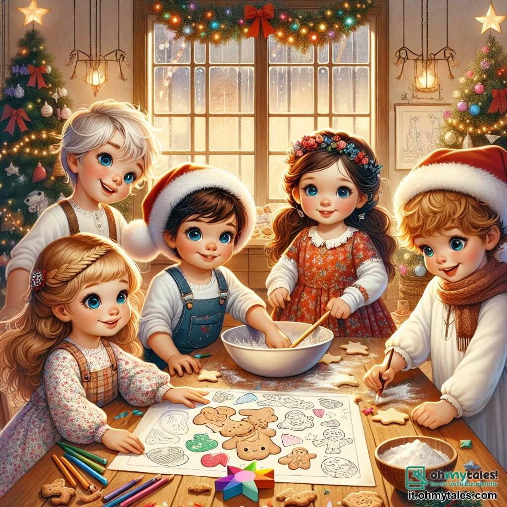 In una calda sala di un orfanotrofio, cinque bambini sono riuniti attorno a un grande tavolo di legno. Leo, un bambino di quattro anni con occhi blu e capelli biondi disordinati, sorride tenendo un disegno di un albero di Natale. Anna, una ragazza di sei anni con capelli ricci e un bel vestito rosso, ammira il disegno di Leo con un pastello in mano. Marco, un bambino di cinque anni con un grande cappello di Natale, si piega per mescolare l'impasto dei biscotti in una grande ciotola, concentrato. Sofia, una ragazza di sette anni con un berretto di lana bianco, sta accanto a Marco, spolverando farina sul tavolo con un grande sorriso. Infine, Mia, una bambina di cinque anni con trecce e un vestito a fiori, è seduta per terra circondata da disegni colorati, mentre ritaglia stelle di carta. La stanza è decorata con festoni scintillanti e un grande albero di Natale illuminato, creando un'atmosfera festosa. I bambini sono impegnati a preparare sorprese per gli adulti dell'orfanotrofio, riempiendo la stanza di risate e canti natalizi, mentre l'odore dei biscotti appena sfornati aleggia nell'aria.