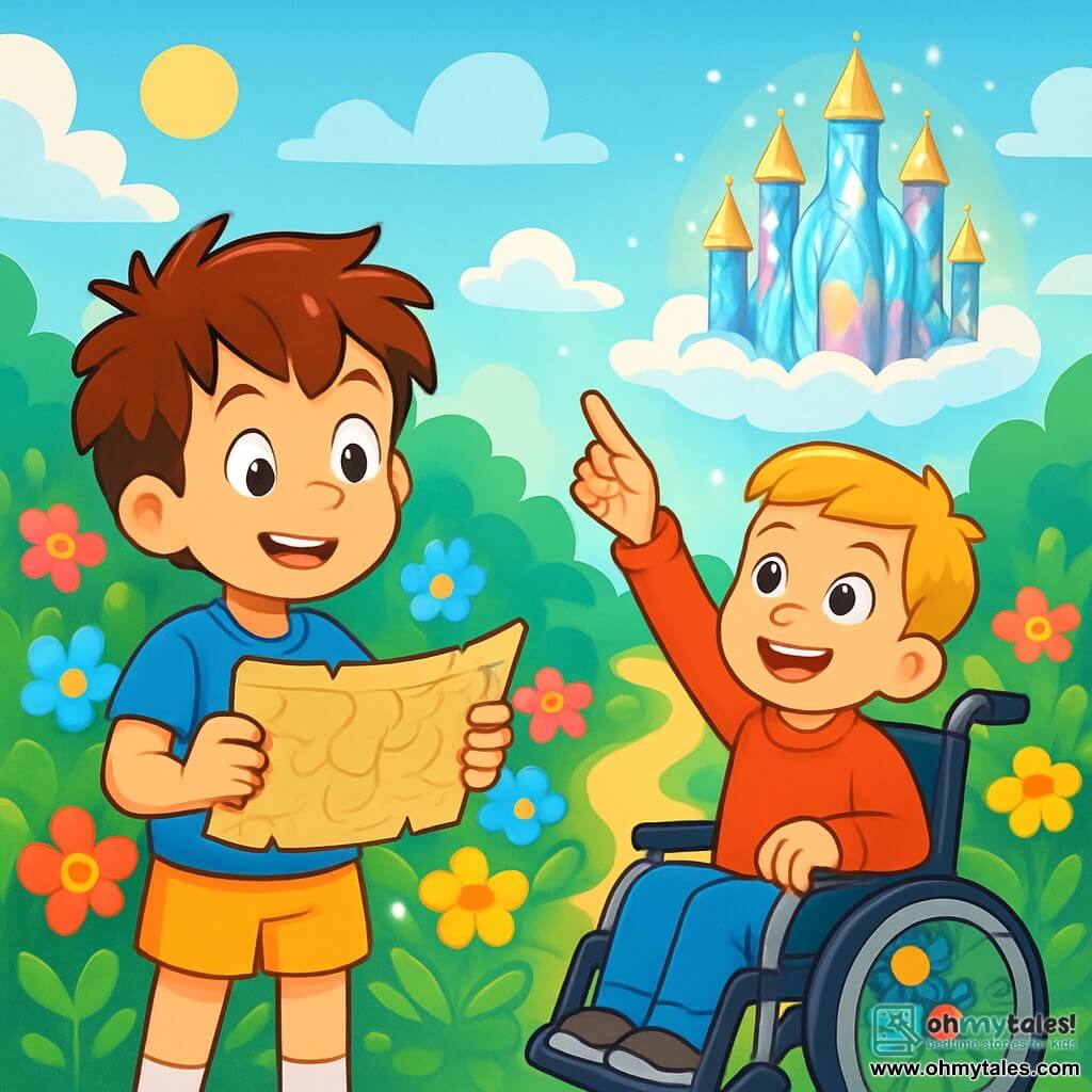 There are two main characters: Tom, an 8-year-old boy with messy brown hair and sparkling curious eyes. He wears a blue t-shirt and yellow shorts, holding an old map in his hands, looking in wonder. Ben, a 9-year-old boy with blonde hair and a warm smile, is in his wheelchair decorated with colorful stickers and wearing a red sweater. He points to the sky, where a floating castle is located. The main setting is an enchanted garden filled with multicolored flowers that softly sing in the breeze. In the background, a glowing path leads to a floating castle, shimmering in the sun, surrounded by fluffy clouds. The castle's walls are made of shining crystals that reflect the colors of the rainbow. The main situation of the story shows Tom and Ben discovering a magical map that leads them on an adventure. They are amazed by the beauty of the garden and the floating castle, ready to explore this fantastic world filled with magic and discoveries.