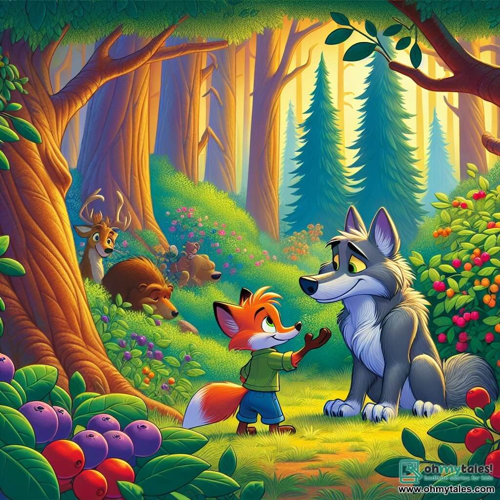 A big, fierce wolf with gray, tousled fur, sad eyes, and a vulnerable expression stands near a berry bush, looking hopefully. Next to him, a small bright orange fox named Felix, wearing a blue hat, shows a warm and encouraging smile, extending a paw to offer help. A brown bear named Benny is a bit further back, with a friendly expression, picking berries while observing the scene kindly. The setting is an enchanted forest, bathed in golden light, with majestic trees and vibrant green leaves, surrounded by colorful berry bushes. The main situation depicts the once-feared wolf getting to know Felix and Benny, symbolizing friendship and understanding as they come together to share berries and laugh under the blue sky.