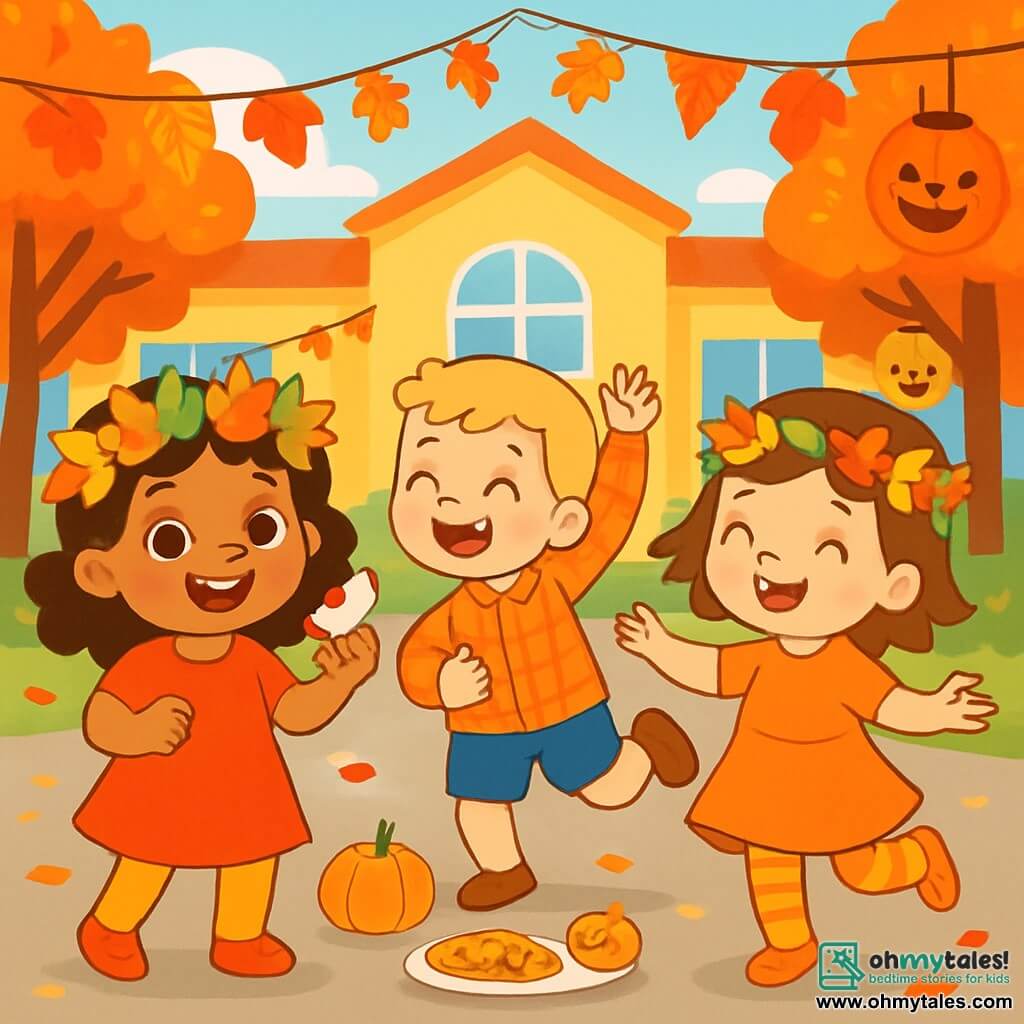A 4-year-old girl with sparkling big eyes and curly hair wears a crown of colorful leaves. She smiles joyfully, her rosy cheeks lit up with excitement. Next to her, a 5-year-old boy with blond hair and a plaid shirt dances with his arms raised, laughing happily. Another child, a 4-year-old girl with brown hair, wears a similar crown and twirls around, her eyes shining with joy. The scene takes place in a schoolyard decorated with garlands of autumn leaves, with trees bearing orange and red leaves in the background. Pumpkin-shaped lanterns hang from the branches, adding a festive touch to the atmosphere. The children dance together at an autumn festival, surrounded by laughter and bright colors, enjoying slices of apples and pumpkin cookies, filled with energy and happiness.