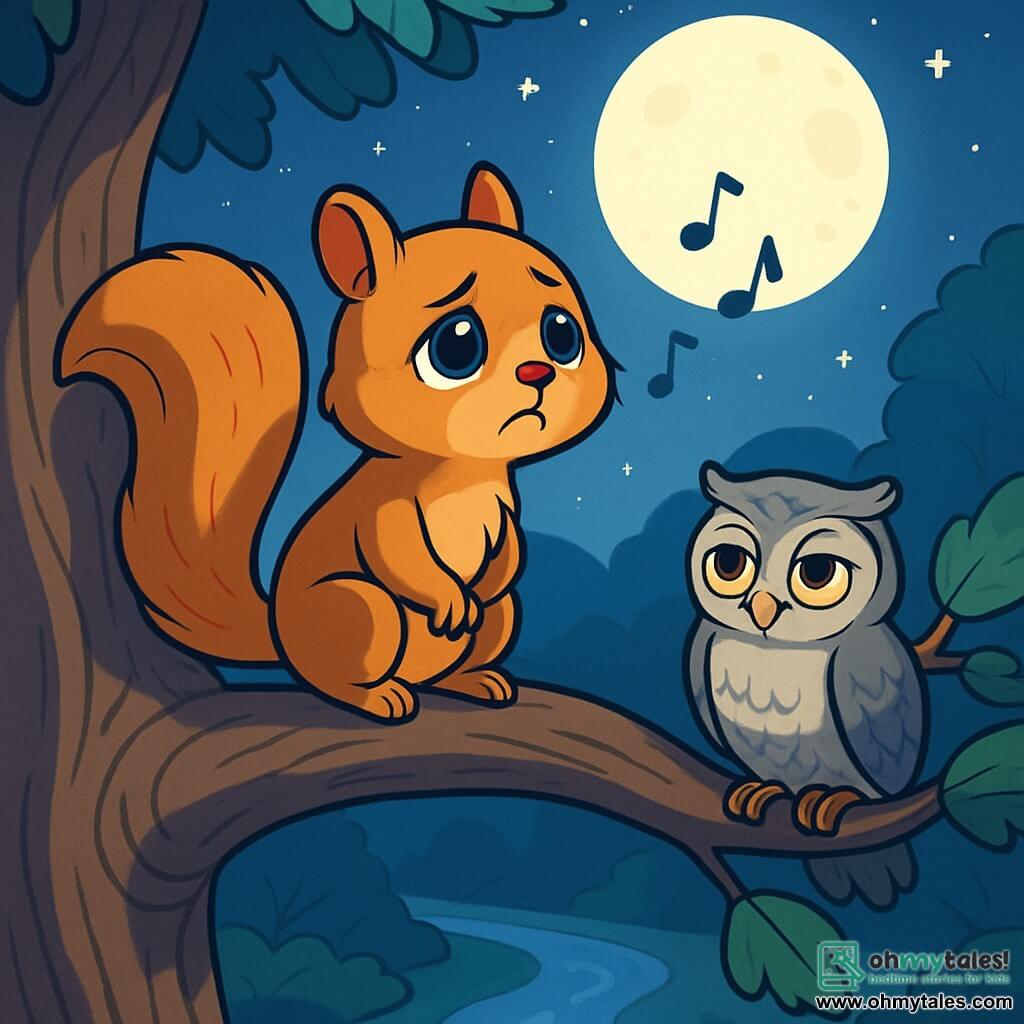 A young squirrel named Quinn, with golden-brown fur and a bushy tail, stands on a branch of a large oak tree. His face expresses gentle melancholy, with bright, sad eyes as he gazes at the starry sky, lost in thought. Beside him, a wise old owl with gray feathers and piercing eyes perches on a lower branch, wearing a benevolent and comforting expression as she watches Quinn attentively. The setting is an enchanted forest, bathed in silver moonlight, with shimmering leaves and a softly murmuring stream below. The main scene shows Quinn singing a soft melody in honor of his deceased friend, while the owl listens, creating an atmosphere of peace and remembrance.