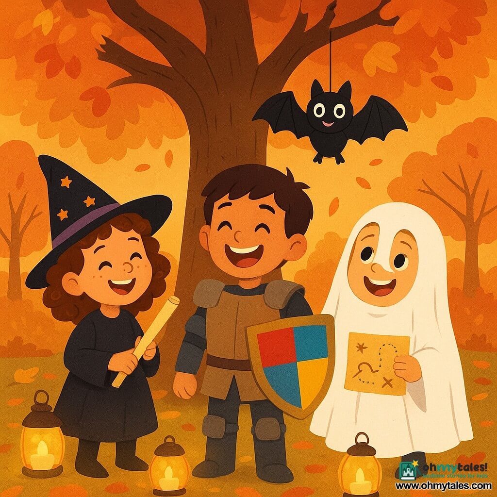 There are three characters: Mina, a 5-year-old girl with curly hair and freckles on her nose, wearing a witch hat decorated with small stars and holding a paper wand; Sam, a 5-year-old boy with brown hair and a big smile, dressed as a knight in cardboard armor with a brightly painted shield; and Leo, a 5-year-old boy with blonde hair and sparkling eyes, wearing a white sheet as a ghost costume with smiling eyes drawn on it, holding a small treasure map. The three friends are near a large oak tree in a park with autumn colors, with golden and red leaves falling around them. Glass lanterns sparkle on the ground, forming a bright path leading to the tree. The main scene shows the children laughing and preparing a Halloween surprise for Mr. Moonbeam, the guardian of the night, surrounded by glowing lanterns, with a smiling cardboard bat hanging from a branch, ready to welcome the magic of the night.