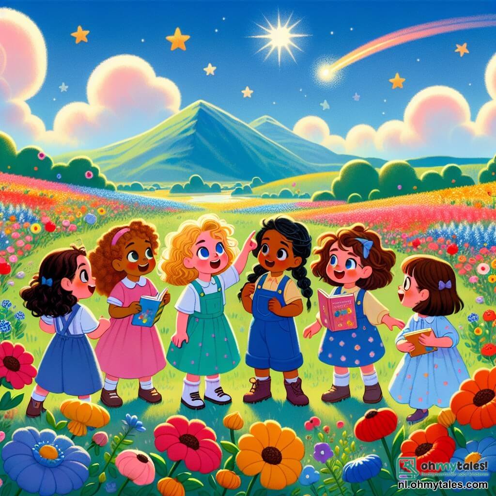 In een veld met kleurrijke bloemen staan zeven meisjes van zes jaar samen, verwonderd. Lotte, met haar krullend blond haar en een roze jurk, wijst naar een vallende ster. Sara, met bruin en glad haar, draagt een blauwe overall en lacht vrolijk. Noor, met zwarte vlechten, is gekleed in een groene tuniek en kijkt met grote ogen. Emma, met rood haar, draagt een jurk met stippen en houdt een klein boek over sterren vast. Sophie, met kastanjebruin haar en een bril, maakt aantekeningen in een notitieboek. Mila, met krullend haar en een paarse jurk, danst rond de bloemen. Tot slot toont Lisa, met een kort kapsel en een gele t-shirt, trots haar robotarm. De achtergrond is een veld vol levendige kleuren, met bloemen in heldere tinten van rood, blauw en geel, onder een helderblauwe lucht met pluizige wolken. In de verte schittert een grote berg in de zon. De belangrijkste situatie toont de meisjes die een mysterieuze en glinsterende kleine kist in de struiken ontdekken, die een zachte gloed uitstraalt. Ze leunen allemaal samen voorover, geïntrigeerd en opgewonden, klaar om het bericht van een buitenaards wezen te ontdekken dat hen uitnodigt voor een intergalactisch avontuur.