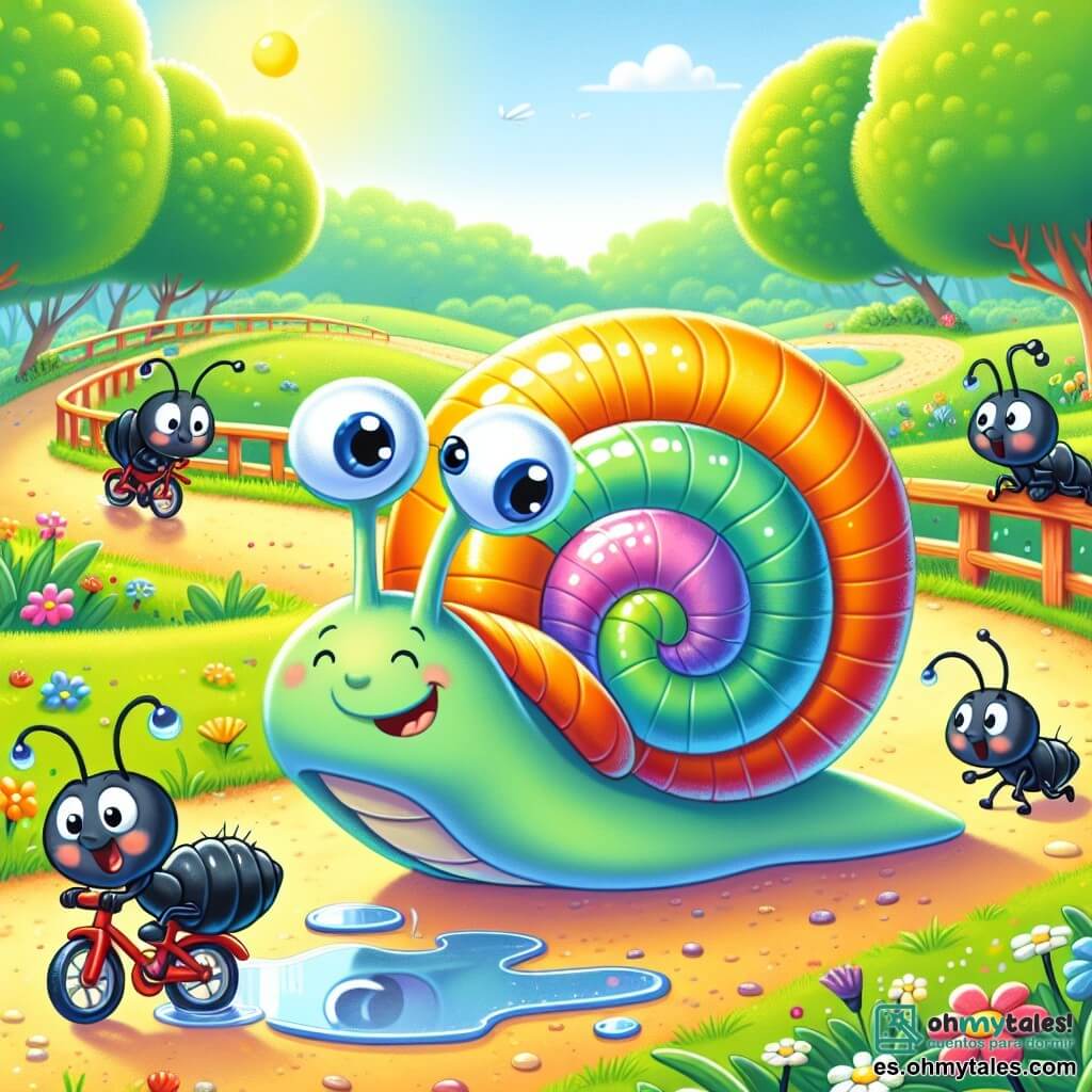 Un pequeño caracol llamado Carlos, con una concha colorida en espiral y una cara sonriente pero un poco preocupada, está pedaleando en una pequeña bicicleta, con sus antenas erguidas de emoción. A su lado, tres pequeñas hormigas, con cuerpos negros brillantes y ojos chispeantes de alegría, lo animan saltando en su lugar, moviendo sus pequeñas patas. La escena se desarrolla en un parque soleado, con árboles verdes exuberantes, flores coloridas y un camino de tierra que serpentea a través de la hierba. A lo lejos, un gran charco de agua brilla bajo el sol, añadiendo un desafío a su aventura. Carlos, decidido, se prepara para saltar sobre el charco, mientras las hormigas están listas para ayudarlo, creando una atmósfera de amistad y camaradería.