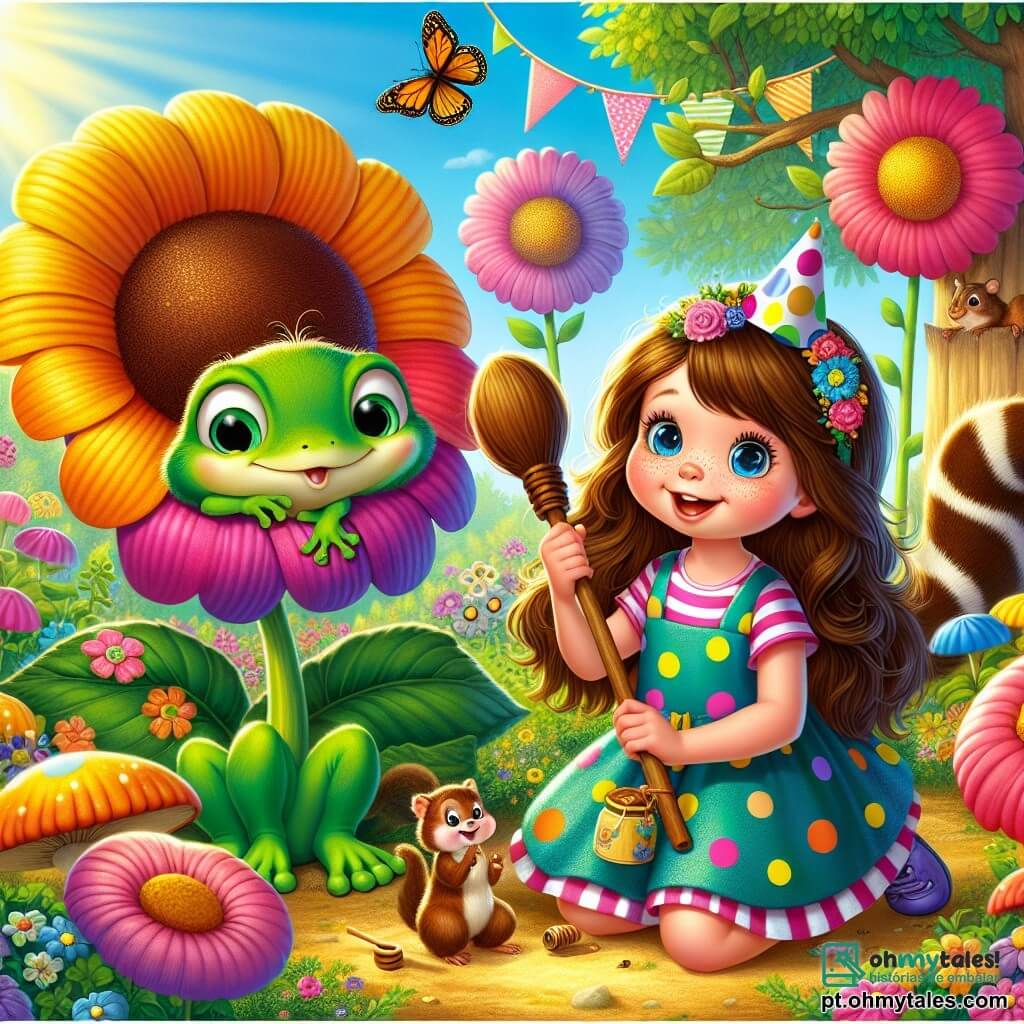 No centro da imagem, uma menina de 10 anos, Clara, com longos cabelos castanhos e olhos curiosos, está agachada perto de uma grande flor colorida em um jardim ensolarado. Ela usa um vestido de bolinhas coloridas e sorri alegremente, segurando uma vassoura de madeira em uma mão e um balde de mel na outra, pronta para pegar uma borboleta. À sua direita, um pequeno sapo chamado Zé, com pele verde brilhante e olhos redondos, salta entusiasmado, usando um chapéu de festa. À esquerda, um esquilo travesso, com pelagem marrom e cauda fofa, observa a cena de uma árvore, segurando um pedaço de papel colorido. O local é um jardim encantador, cheio de flores gigantes e árvores majestosas, sob um céu azul. Clara e seus amigos estão preparando uma festa para atrair a borboleta, com risadas e uma atmosfera alegre, em volta do balde de mel e das decorações florais.