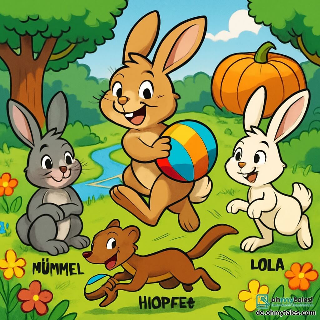 Ein junger, schelmischer Hase namens Hoppel mit weichem, hellbraunem Fell steht in der Mitte des Bildes, seine Augen funkeln vor Schalk und er hat ein breites Lächeln im Gesicht. Er springt fröhlich und hält einen bunten Ballon in seinen Vorderpfoten. Rechts von ihm steht seine Schwester Lola, ein kleines Kaninchen mit langen, weißen Ohren, die mit glänzenden Augen voller Aufregung zuschaut, während ihre Hinterbeine bereit sind zu springen. Links beobachtet der ruhige Bruder Mümmel mit grauem Fell und weisem Blick die Szene mit einem amüsierten Lächeln, die Pfoten übereinandergelegt. Die Szenerie ist ein sonniger Garten, gefüllt mit bunten Blumen, großen grünen Bäumen und einem sanft plätschernden kleinen Bach. Im Hintergrund thront ein großer, orangefarbener Kürbis stolz und verleiht der Szene einen Farbtupfer. Die Hauptsituation zeigt Hoppel und seine Geschwister, die einem schelmischen Wiesel hinterherjagen, das ihnen den Ballon gestohlen hat, was eine dynamische und energiegeladene Atmosphäre schafft.