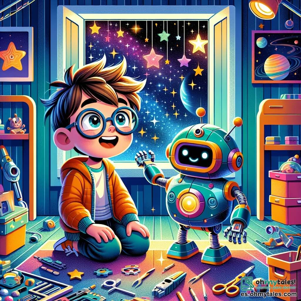 Tito, un joven de 10 años con cabello castaño desordenado y gafas redondas, mira con asombro las estrellas brillantes a través de la ventana de su habitación espacial. Su rostro expresa gran emoción, sus ojos brillan de entusiasmo. A su lado, su compañero robot, Cometa Azul, es un robot amigable con brazos articulados y una superficie brillante, que sonríe y le extiende una mano metálica para animarlo a aventurarse. La escena se desarrolla en una habitación futurista, llena de gadgets tecnológicos, carteles de estrellas y una gran ventana que da a la inmensidad del espacio, donde planetas coloridos y estrellas brillantes iluminan el cielo negro. Tito se prepara para embarcarse en su nave espacial, listo para reparar la estación Sol Brillante, con una mezcla de determinación y emoción en su rostro.