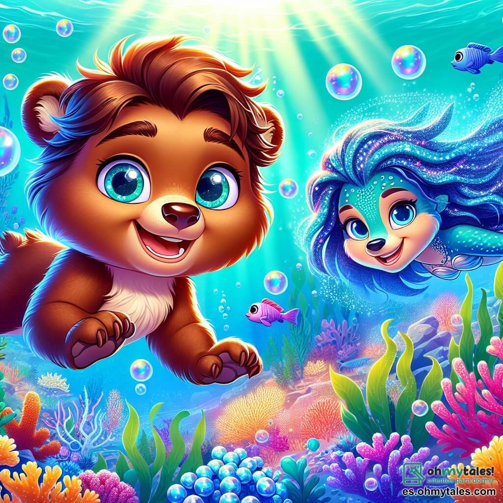 Nuco, un joven oso pardo de ojos brillantes y pelaje suave, nada alegremente en un océano turquesa, su rostro irradiando asombro y curiosidad. Explora un jardín submarino lleno de corales coloridos, peces con escamas brillantes y plantas marinas ondulantes. A su lado, Lira, una sirena-oso con escamas relucientes y cabello flotante como algas, sonríe con benevolencia, sus ojos azules reflejando la luz del sol que se filtra a través del agua. Juntos, descubren un inmenso jardín de perlas luminosas que flotan a su alrededor, creando una atmósfera mágica y encantadora. La escena irradia una sensación de alegría y aventura, mientras burbujas de aire se elevan a su alrededor, añadiendo un toque de dinamismo a esta fascinante exploración submarina.