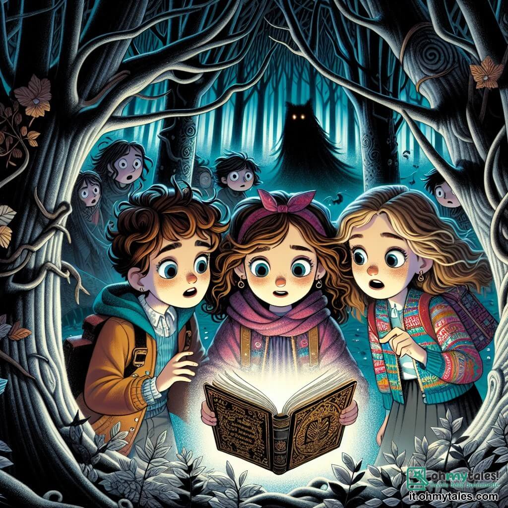 In una foresta scura e misteriosa, tre amiche si trovano al centro della scena. **Sara**, una ragazza di nove anni con i capelli ricci e castani e gli occhi brillanti, guarda con curiosità un vecchio libro aperto davanti a lei. **Giulia**, un'altra ragazza di nove anni con i capelli lisci e biondi e un sorriso timido, si stringe a Sara, gli occhi spalancati dalla paura. **Marta**, la più intraprendente del gruppo, ha i capelli castani e indossa una giacca colorata, punta un dito verso un'ombra inquietante che si profila tra gli alberi. La foresta è densa, con alberi contorti dai tronchi neri e foglie argentate che brillano alla luce della luna. Una leggera nebbia fluttua sul terreno, aggiungendo un tocco di mistero all'atmosfera. Al centro di questa scena, le tre amiche scoprono un libro antico, circondato da un'aura magica, mentre un'ombra minacciosa sembra osservarle dalle profondità della foresta. L'espressione dei loro volti mostra sia paura che determinazione, pronte ad affrontare l'ignoto insieme.