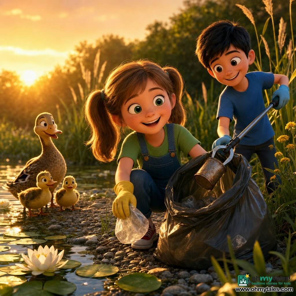 An 8-year-old girl with a round freckled face, light brown hair in two pigtails and bright green eyes, wearing a green T‑shirt, denim overalls and yellow gardening gloves, crouches to pick up a plastic bag while holding open a trash bag; to her right and slightly behind, an about 8-year-old boy with short black hair and a mischievous smile in a blue T‑shirt holds a litter picker and reaches to deposit a can. A small family of ducks—an adult and two ducklings with yellow and brown plumage—watches from the water's edge on the left. The scene is a clear pond edged with white water lilies, emerald leaves, rounded pebbles, tall grasses, bronzed reeds and a few yellow wildflowers, lit by low evening sun casting long shadows. The composition centers on the children leading a small, optimistic cleanup with half‑filled trash bags, visible gloves and collected plastic and an old can, the pond and ducks in the background.