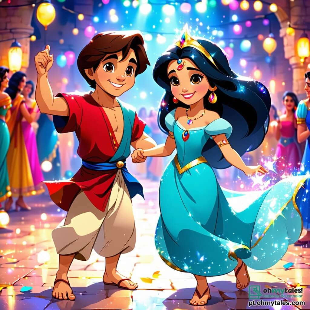 Aladdin, um jovem de cabelos castanhos e olhos brilhantes, usa uma túnica colorida e calças largas. Ele sorri entusiasticamente no centro de uma festa animada, cercado por luzes cintilantes. Ao seu lado, Jasmine, uma bela princesa de cerca de 16 anos com longos cabelos negros e um vestido brilhante, dança alegremente, seus olhos radiantes de felicidade. O Gênio, uma criatura mágica colorida, flutua acima deles, com um rosto sorridente e braços abertos, pronto para compartilhar sua alegria. A cena acontece no magnífico Palácio de Cristal, um lugar mágico com paredes cintilantes, lanternas coloridas e um céu estrelado. Mesas estão cheias de pratos deliciosos de diferentes culturas, enquanto pessoas de todos os lugares dançam e riem ao redor. Aladdin e Jasmine celebram a diversidade e a amizade em uma festa mágica sob um céu estrelado.