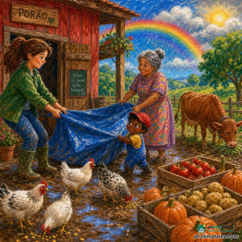 Uma mulher adulta, Maria, sorridente, cabelo castanho preso, veste jaqueta verde e botas enlameadas, puxa uma grande lona azul para cobrir caixotes de legumes enquanto o menino de 3 anos Tomás, baixinho e rechonchudo, de boné vermelho, segura uma ponta com orgulho e a avó Rosa, cabelos grisalhos presos, em vestido floral, segura a outra ponta junto ao porão de madeira; ao fundo à direita, a vaca ruça Lila pasta calmamente com um guizo, várias galinhas brancas e malhadas ciscam milho perto dos caixotes cheios de tomates, batatas e abóboras, no pátio da fazenda de chão encharcado com poças brilhantes, varanda de celeiro vermelha à esquerda e céu meio ensolarado com leve chuva formando um arco de luz — família unida protegendo os legumes, expressões contentes, atmosfera acolhedora e cores contrastantes.
