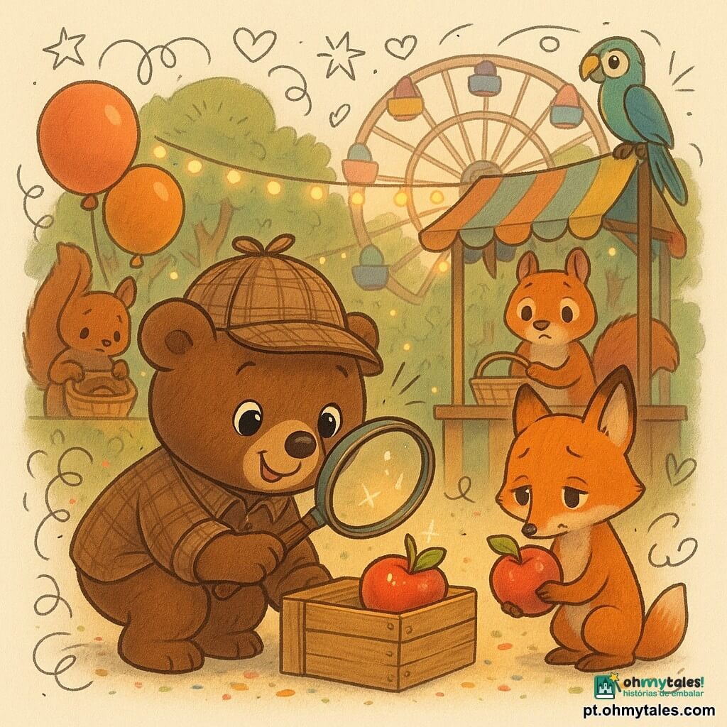 Um pequeno urso-marrom arredondado, de rosto doce e olhos brilhantes, usa um chapéu de detetive em tweed e segura uma lupa, agachado junto a uma caixa de madeira olhando com curiosidade e alegria para uma maçã vermelha brilhante; um esquilo ruivo, tipo vendedor, de olhos preocupados mas aliviados, está atrás de uma barraca colorida segurando uma cesta quase vazia e cercado por balões vermelhos e laranja; uma raposinha laranja e delicada, tímida e com as orelhas abaixadas, segura uma maçã brilhante e fica ligeiramente atrás do urso, envergonhada mas tranquila; um papagaio azul e verde empoleirado na roda-gigante ao fundo observa a cena; o cenário é uma feira na floresta com luzes penduradas entre árvores, barracas de madeira pintadas, confetes no chão e uma roda-gigante colorida ao fundo, luz suave do entardecer; cena principal simples: descoberta de uma maçã desaparecida e resolução amigável do mistério, amigos reunidos em volta da caixa com olhares calorosos e atmosfera suave e acolhedora.
