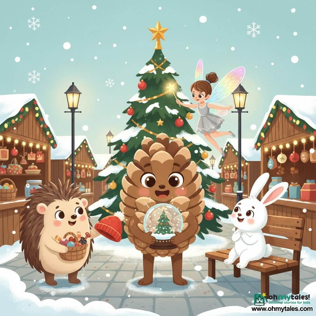 Main character: a small anthropomorphic pinecone, brown-cream textured with detailed scales, smiling and amazed, bright round eyes, gently holding a sparkling snow globe and looking at the camera; secondary: Twinkle, a slim fairy with translucent rainbow wings and a silver dress, hovering above and behind the pinecone waving a glowing wand; secondary: a round warm hedgehog with stylized soft spines carrying a basket of treats, standing left of the pinecone offering a red hat; secondary: a small white rabbit with large ears, shy then smiling, seated on a bench to the right watching gratefully; setting: a lively winter market with snow-dusted cobblestone alleys, wooden stalls decorated with yellow lights and red-gold ornaments, vintage lampposts and a large central fir topped with a gold star; scene: a warm, festive Christmas moment of sharing and magic as the pinecone shows its snow globe to friends beneath the tree, sparkling lights and drifting snowflakes, centered composition, soft contrasts and a warm color palette with icy blues.