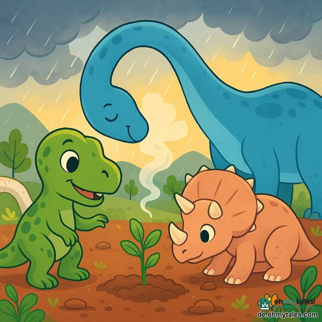 Ein junger Tyrannosaurus Rex mit hellgrünem Fell und dunkleren Flecken, großen ausdrucksvollen Augen und leicht lächelnder, schützender Haltung steht vor kleinen grünen Keimlingen, eine Kralle nahe einer Pflanze, die andere erhoben; Miro, ein großer Brachiosaurus in sanften Blautönen, mit gebogenem Hals über den Setzlingen und geschlossenen, beruhigenden Augen, sein Atem als Traumwolke, die auf die Erde sinkt; Lila, eine junge Triceratops mit rosé-beiger Haut und glänzenden Hörnern, hockt neben den Pflanzen und gräbt mit dem Horn, Blick zum Tyrannosaurus; Schauplatz: ein Tal mit fossilen Knochenbögen, rotbraunem Boden, grünen Moosbüscheln, jungen glänzenden Bäumen und bunten Blumen, graue Regenwolken und wehender Wind im Hintergrund; Szene: warme, dynamische Atmosphäre, die die drei Dinosaurier zeigt, wie sie nach einem Sturm gemeinsam die Keimlinge schützen und bewässern, funkelnde Wassertropfen, nasse Blätter und goldenes Licht, das Hoffnung durch die Wolken bricht.