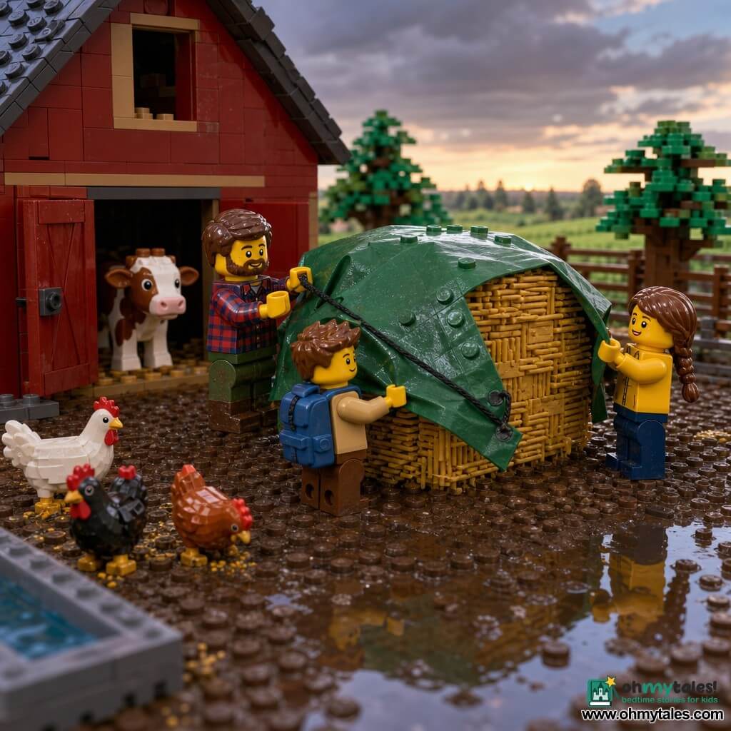 A bearded, round-faced farmer with a calm, focused expression wearing a red-and-blue plaid shirt and muddy rubber boots ties a corner of a rough green tarp over a large golden haystack while eight-year-old Nora, with a mischievous smile and a chestnut braid in a yellow jacket, holds one corner to his right and six-year-old Max, with short brown hair, a determined look and a small blue backpack, holds the tarp’s edge to the left like a “gate”; a brown-and-white calf peers from the barn doorway with a foreleg on the threshold, colorful chickens peck nearby, and the damp dark-brown farmyard at dawn, splashed with puddles reflecting the figures, shows a weathered red wooden barn and a cloudy gray sky with a pale blue rim as the trio, buffeted by a light wind and residual drops, coordinates to secure the tarp.