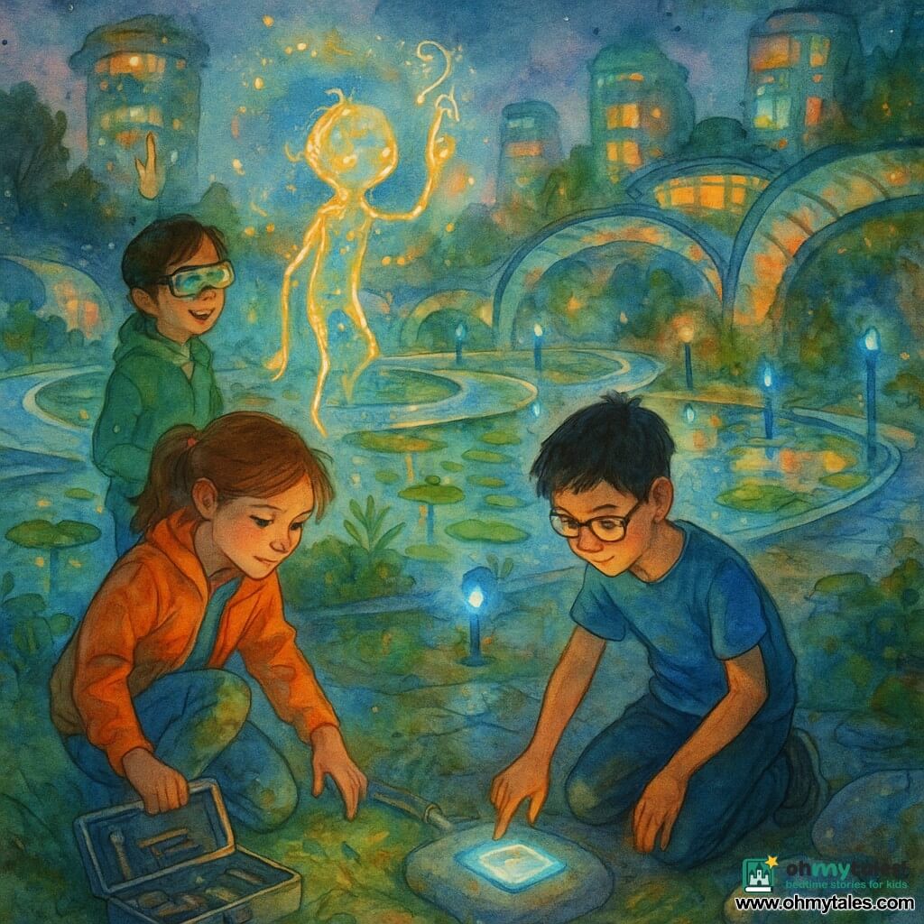 Four children—Mila (≈11, brown ponytail, orange jacket, grass‑stained knees) crouched front left holding an open metal toolbox and looking at a ground sensor; Liam (≈12, short black hair, thin glasses, blue T‑shirt) kneeling to Mila’s right touching a light panel on a stone, focused; Jun (≈11, mid‑length black hair, AR glasses, green jacket) standing behind Mila reading numbers on his glasses and indicating measurements; Skye (≈10, braided blonde hair, purple hoodie) standing slightly left in the background smiling and holding a small roll of eco tape—plus a small glowing avatar: a floating creature of golden and blue lines, translucent LED‑like body, centered above the ground tracing luminous symbols with a finger. Setting: Port Luna aquatic garden at night with shallow glowing pools, green water lilies, glass fountains, curved solar glass walkways, sensors in smooth stones, soft electric‑blue path lamps, blurred glass towers and roof gardens in the background with colored reflections on the water. Main action: the children calmly repair a sensor and pipe (screwing, gluing, turning a valve) while the avatar records data by drawing golden lines in the air; warm lights, water reflections, collaborative curious atmosphere.