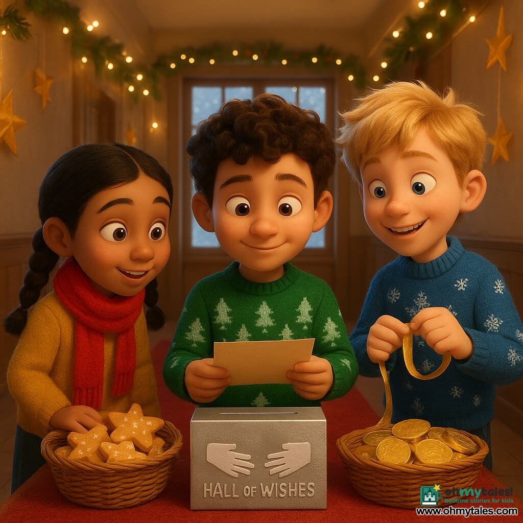 There are 3 main characters: Milo, an 8-year-old boy with curly brown hair, wearing a green sweater with Christmas tree patterns. He stands calmly in the center, holding a map with a curious smile. Sana, a 7-year-old girl with black braided hair, wears a bright red scarf. She stands to Milo's left, looking at the map with sparkling eyes full of curiosity. Jude, a 9-year-old boy with tousled blond hair, wears a blue sweater with snowflakes. He stands to Milo's right, holding a golden ribbon and smiling mischievously. The setting is a warm and festive hallway, decorated with string lights and small golden paper stars hanging on the walls. The floor is covered with a plush red carpet, and a large window lets in the gentle light of the falling snow outside. The main scene shows the three children discovering the "Hall of Good Wishes." They are surrounded by baskets of treats like star-shaped cookies and golden chocolate coins. A silver paper wish box is placed in the center, with drawings of hands reaching out to share. The atmosphere is joyful and magical, with a sense of sharing and discovery.