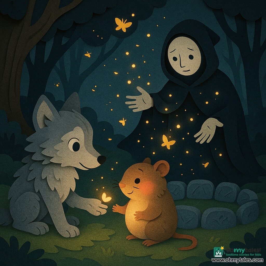 Main character: a small wolf named Lark, soft layered grey fur, large curious eyes, gentle focused expression, crouched with an open paw welcoming a small light. Secondary: Miri, a round furry dormouse with pink cheeks and a tiny cheek glow, shy relieved look, standing near Lark and touching his paw. Important secondary: the Keeper of Hours, stylized dark-coated figure with a pale round moonlike face, kneeling behind a circle of stones, hands open releasing small lights, melancholy yet kind. Live elements: fireflies and tiny yellow-orange paper “lantern-butterflies” floating like cutouts. Setting: a hollow under an old beech, layered green moss floor, a ring of bluish-gray engraved stones, low blue mist and stylized dark trunks in the background. Visual mood: cold moonlight, strong contrast between dark paper-like shapes and warm spots of light, soft shadows, graphic silhouettes. Main action: the Keeper opens his coat and a cloud of small lights rises and gathers toward Miri while Lark receives a light in his paw — a slightly scary but comforting moment of sharing and the return of light.