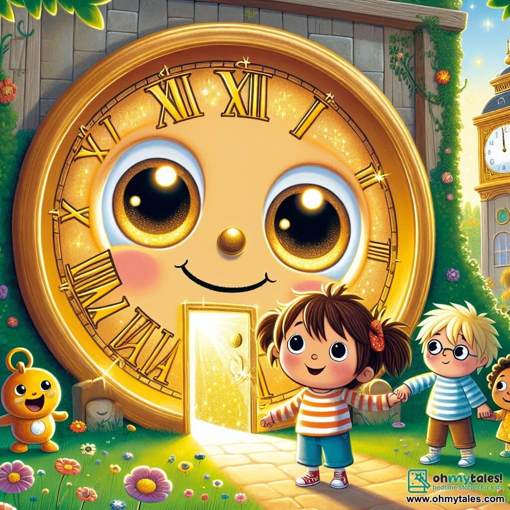 In the center of the image, a large smiling clock named Tick, with round shiny eyes, stands in front of a sparkling small door. Tick has a friendly face and golden hands that shine in the sun, looking joyful and welcoming, ready to share a new adventure. Next to him, Mia, a little girl with brown pigtails and a colorful dress, gazes at the door with wide eyes, full of excitement and curiosity. She is standing on her tiptoes, ready to enter the magical world of time. Behind them, Leo, a boy with messy blonde hair wearing a striped t-shirt, smiles enthusiastically while holding hands with Sam, another boy with brown hair and glasses, who appears a bit nervous but determined. They all stand together, united in their desire to explore. The setting is a sunny garden filled with colorful flowers and lush trees, with the large wooden clock in the background, adorned with golden details and Roman numerals. The small sparkling door, surrounded by magical light, seems to lead to a mysterious world. The main scene shows the children preparing to cross the magical door, their faces lit up with excitement and the adventure that awaits them, ready to embark on a journey through time.
