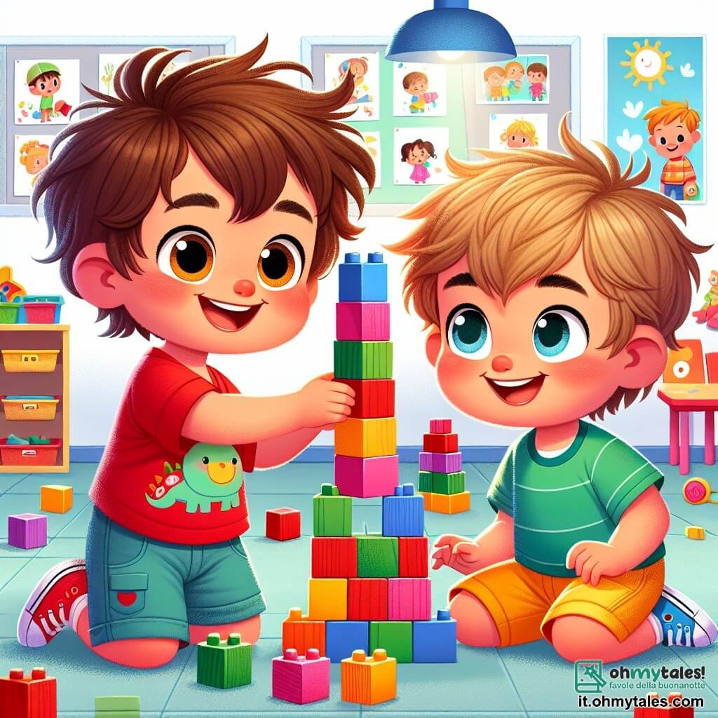 Un ragazzino di 4 anni, di nome Luca, con capelli castani disordinati e occhi brillanti di gioia, sorride ampiamente mentre costruisce una torre di blocchi colorati. Indossa una maglietta rossa con un piccolo dinosauro e pantaloni corti blu. Accanto a lui, il suo amico Marco, un ragazzo di 4 anni con capelli biondi e occhi azzurri, osserva con meraviglia la torre che stanno costruendo insieme. Marco indossa una maglietta verde e pantaloni gialli. Si trovano in un'aula luminosa, piena di giocattoli, disegni appesi alle pareti e finestre che lasciano entrare la luce del sole. La scena principale mostra Luca e Marco, concentrati e felici, impilando blocchi colorati per creare una torre sempre più alta, simboleggiando la loro amicizia e collaborazione.