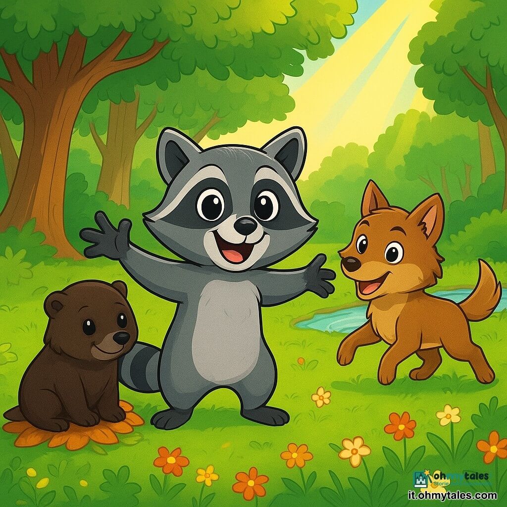 Un giovane procione dal pelo grigio e nero, con grandi occhi brillanti e un sorriso amichevole, si trova al centro di un radura soleggiata, con le braccia aperte e un'espressione di gioia ed eccitazione. Alla sua destra, un lupo dal pelo marrone dorato, con occhi pieni di curiosità, corre felicemente, pronto a partecipare alla festa. Alla sua sinistra, un tasso dal pelo marrone scuro, con un'espressione timida ma felice, osserva con un leggero sorriso, seduto su un piccolo mucchio di foglie. La radura è circondata da alberi maestosi con tronchi spessi e foglie verdi brillanti, mentre fiori colorati punteggiano il terreno, aggiungendo un tocco di magia all'ambiente. Sullo sfondo, un ruscello scintilla sotto il sole e raggi di luce filtrano tra i rami, creando un'atmosfera calda e accogliente. La scena principale mostra gli animali riuniti per celebrare la loro amicizia, cantando e giocando insieme, illustrando così la tolleranza e l'armonia tra le diverse specie.