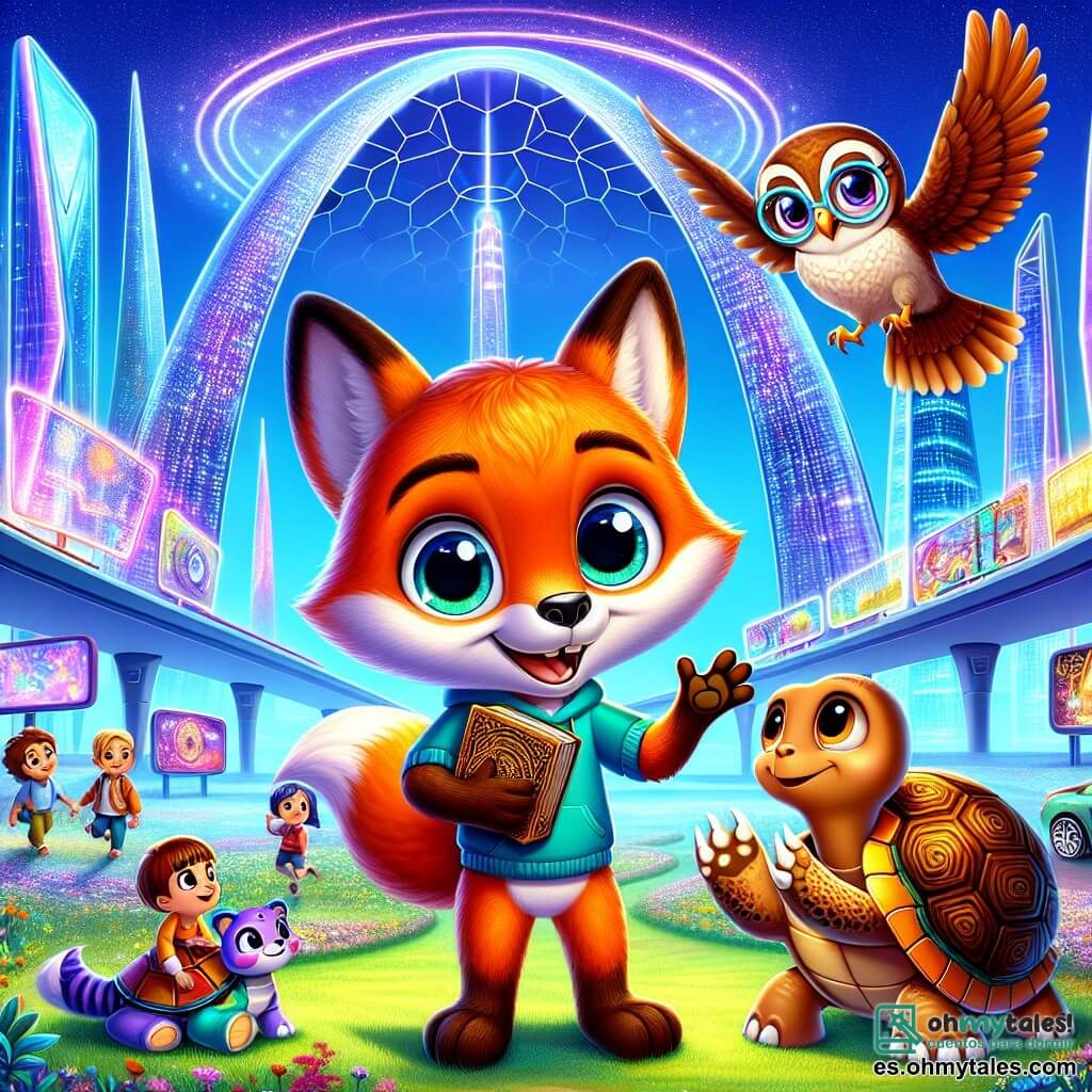 Un pequeño zorro llamado Zippy, con un pelaje naranja brillante y ojos llenos de curiosidad, se encuentra en el centro de la imagen, con las patas en el aire y una gran sonrisa en su rostro, maravillado por el paisaje futurista que lo rodea. A su derecha, la tortuga Tina, con un caparazón colorido y gafas redondas, mira a Zippy con una expresión sabia y divertida, sosteniendo un libro antiguo en sus patas. A la izquierda, el búho Otto, con plumas marrones y ojos redondos y traviesos, está posado en una rama, contando una historia, con las alas ligeramente desplegadas, como si estuviera listo para volar. El escenario es una ciudad futurista brillante, con edificios de vidrio reluciente, coches flotantes y pantallas luminosas que muestran imágenes coloridas. Niños juegan alegremente a su alrededor, añadiendo un toque de vida a esta escena mágica. La situación principal muestra a Zippy, Tina y Otto descubriendo este increíble mundo, Zippy saltando de alegría, mientras Otto cuenta historias fascinantes sobre el pasado y Tina toma notas en su libro, todos maravillados por las maravillas del futuro.