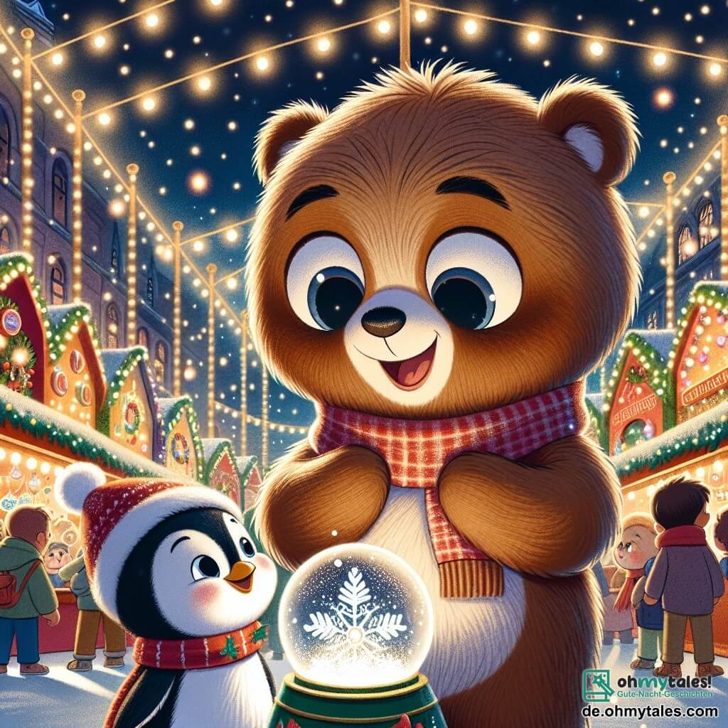 Bruno, ein kleiner Teddybär mit braunem, weichem Fell, großen runden Augen und einem fröhlichen Lächeln, steht im Mittelpunkt der Szene und ist von den funkelnden Lichtern des Weihnachtsmarktes begeistert. Neben ihm schaut Percy, ein kleiner Pinguin mit einem niedlichen roten Schal und einem Weihnachtsmannhut, begeistert auf eine wunderschöne Schneekugel, seine Augen leuchten vor Aufregung. Der Weihnachtsmarkt ist lebhaft, gefüllt mit bunten Ständen, die mit Lichterketten geschmückt sind, Tannenbäumen, die mit glänzenden Kugeln geschmückt sind, und sanft vom Himmel fallenden Schneeflocken. Kinder lachen und spielen um sie herum, während die Luft mit dem köstlichen Duft von Lebkuchen und heißer Schokolade gefüllt ist. Bruno und Percy entdecken in dieser festlichen Atmosphäre gemeinsam die Magie von Weihnachten und teilen einen Moment der Freundschaft und des Staunens über die Schönheit des erleuchteten Marktes.