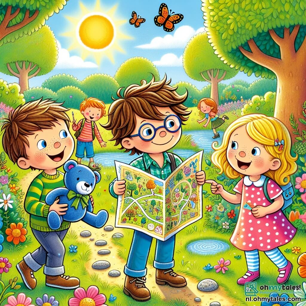 In een mooie zonnige tuin zijn vier kinderen samengekomen voor een avontuur. Sam, een jongen van 8 jaar met rommelig bruin haar en ronde bril, staat in het midden, glimlachend met zijn knuffel, een blauwe teddybeer genaamd Bruno, in zijn armen. Anna, een meisje van 7 jaar met gevlochten blond haar en een roze jurk, staat rechts van hem en houdt een kleurrijke kaart vast met tekeningen van bloemen en bomen. Max, een jongen van 8 jaar met kastanjebruin haar en een groene t-shirt, staat links van Sam, lachend en wijzend naar een kleine glinsterende steen in het gras. Lisa, een meisje van 7 jaar met krullend haar en een stippenrok, staat iets achter Sam en leest hardop een raadsel voor met een grote glimlach. De tuin is gevuld met kleurrijke bloemen, grote groene bomen en een glinsterende vijver op de achtergrond. Vlinders vliegen rond en voegen een magisch tintje toe aan de scène. De kinderen zijn druk bezig met een schattenjacht, op zoek naar verborgen aanwijzingen terwijl ze samen plezier hebben, wat de kracht van hun vriendschap illustreert ondanks de uitdagingen die Sam moet overwinnen met zijn astma.