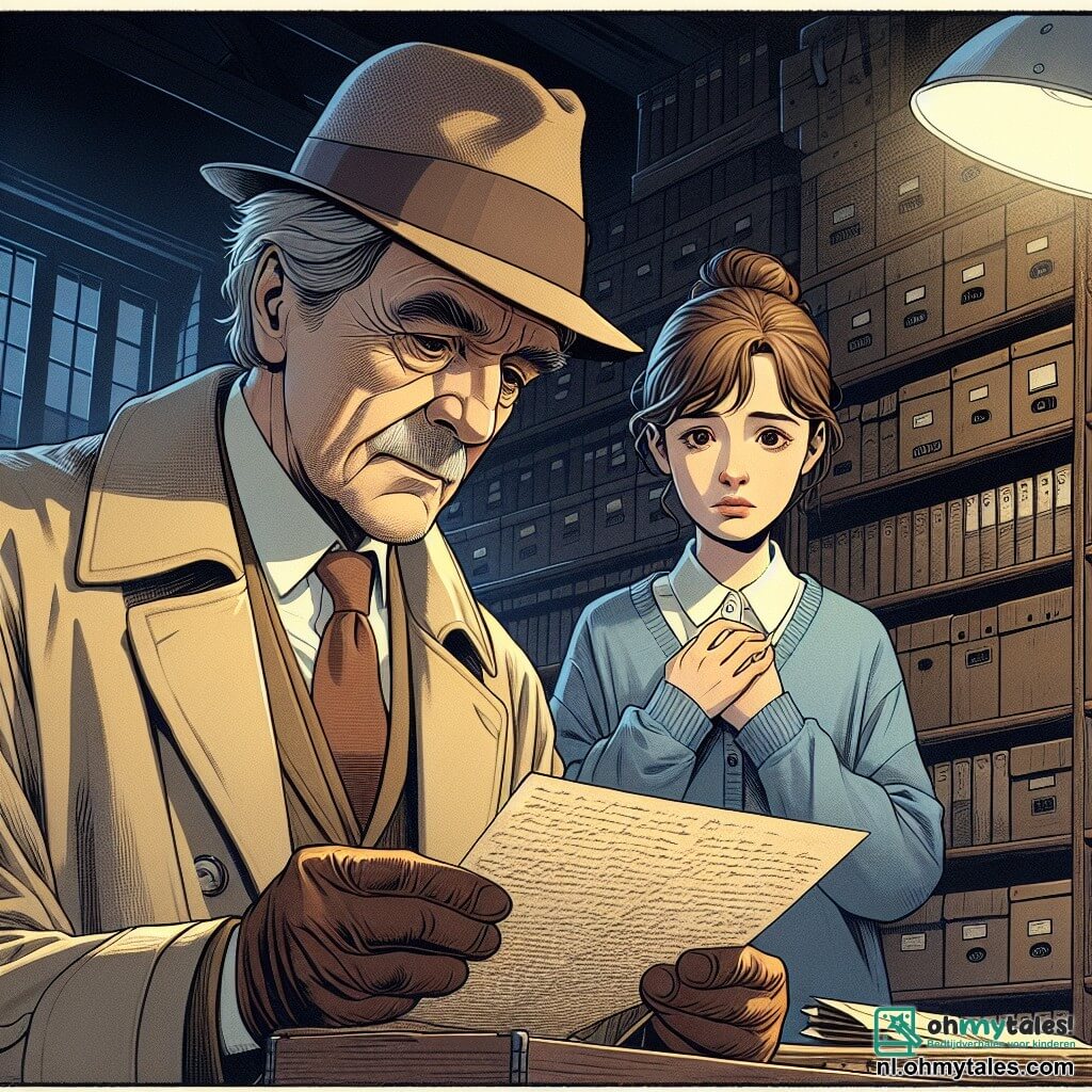 Een oudere man, Hendrik Vos, staat in het midden van de afbeelding. Hij heeft grijs haar, een verzorgde snor en draagt een beige trenchcoat met een lichtjes gekanteld detectivehoed. Zijn gezicht toont vastberadenheid gemengd met bezorgdheid terwijl hij een mysterieuze brief in zijn handen bestudeert. Naast hem staat een jonge vrouw, Emma, ongeveer 25 jaar oud, met bruin haar in een knot en een blauwe trui. Ze kijkt Hendrik aan met hoopvolle ogen, haar handen op haar hart geklemd, wat haar angst voor de verdwijning van haar zus laat zien. De setting is een oude, donkere archiefkamer vol met stoffige kartonnen dozen en oude boeken. Houten rekken reiken tot aan het plafond, wat een mysterieuze en intrigerende sfeer creëert, met dansende schaduwen die door het gedimde licht van een lamp worden geprojecteerd. De belangrijkste situatie toont Hendrik, gefocust en peinzend, terwijl hij een cryptische brief ontdekt die aanwijzingen over de verdwijning van Lotte zou kunnen bevatten, terwijl Emma ongeduldig op een antwoord wacht, wat een voelbare spanning in de lucht creëert.