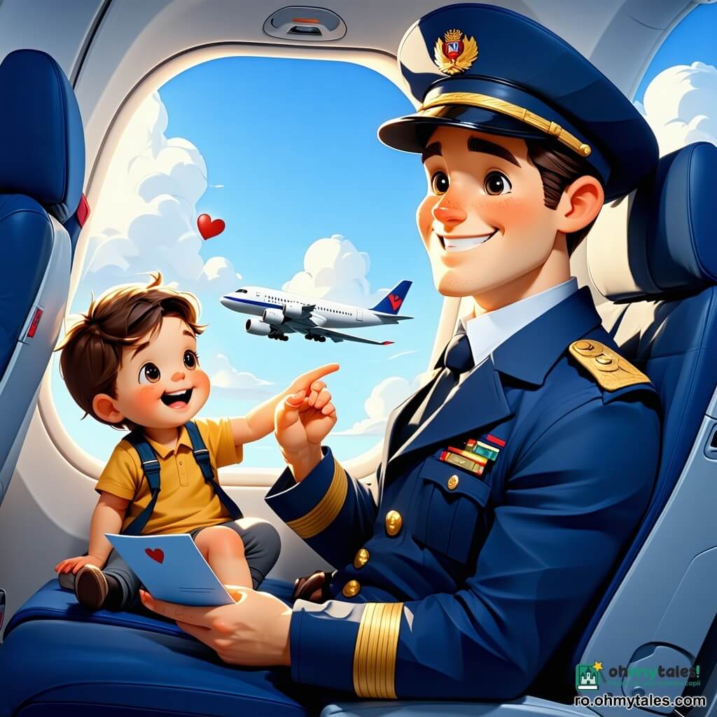 Un pilot zâmbitor, îmbrăcat în vestă bleumarin și șapcă cu insignă aurie, ține o mică carte de zbor și salută pasagerii; un băiat de ~6 ani cu avion jucărie râde către însoțitoarea de bord, o fetiță de ~5 ani cu păr blond pe coadă indică un nor în formă de inimă la hublou; o însoțitoare de ~30 de ani, în uniformă verde mentă, arată centura de siguranță unui bebeluș ținut de mamă; interiorul avionului e luminos, banchete albastre și pernuțe pastel, hublouri rotunde cu nori pufoși și lumină aurie; atmosferă calmă și călduroasă, obiecte moi și culori dominante bleu cer, galben pal, verde mentă cu accente aurii, forme rotunjite și texturi fine de bumbac pentru nori.