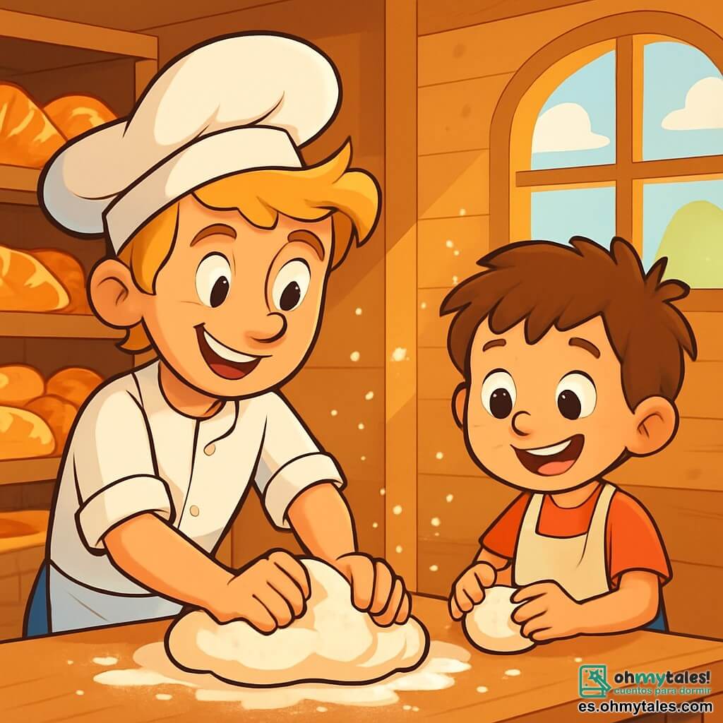 Un joven, Miguel, con una cálida sonrisa, cabello color trigo y un gran gorro blanco de panadero que le cae sobre una oreja, está amasando masa de pan en su panadería. Sus ojos brillan de emoción y alegría mientras mezcla la harina y el agua con energía. A su lado, un niño de siete años, Tomás, con cabello castaño alborotado y una gran sonrisa, lleva un delantal demasiado grande para él. Observa atentamente a Miguel, con las manos llenas de harina, e intenta formar una bola de masa con expresión concentrada. La escena transcurre en una encantadora panadería de madera, con estantes llenos de panes dorados y crujientes. Rayos de sol entran por la ventana, iluminando la harina en el aire y creando un ambiente cálido y acogedor. Miguel y Tomás comparten un momento alegre de creación, mezclando ingredientes para hacer pan, rodeados del delicioso aroma de la masa fresca y risas.