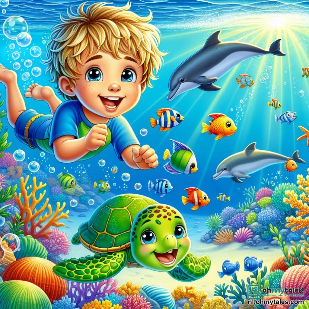 Een 6-jarig jongetje, genaamd Finn, met messy blond haar en sprankelende nieuwsgierige ogen, zwemt vrolijk onder water, omringd door kleurrijke vissen. Hij draagt een blauwe zwembroek en houdt een schatkaart in zijn kleine handen, zijn gezicht straalt van opwinding en blijdschap. Naast hem zwemt een mooie zeeschildpad genaamd Tara, met een groene schild versierd met gouden patronen, langzaam en vriendelijk, en laat Finn de weg zien. Verderop springt een groep speelse dolfijnen uit het water, hun zilveren lichamen glinsteren in de zon. De onderwaterwereld is een levendig schouwspel, vol met kleurrijke koralen, glanzende schelpen en luchtbellen die rondzweven, wat een magische en vrolijke sfeer creëert. Finn en zijn vrienden verkennen samen deze betoverende onderwaterwereld, ontdekken verborgen wonderen en delen lachen.