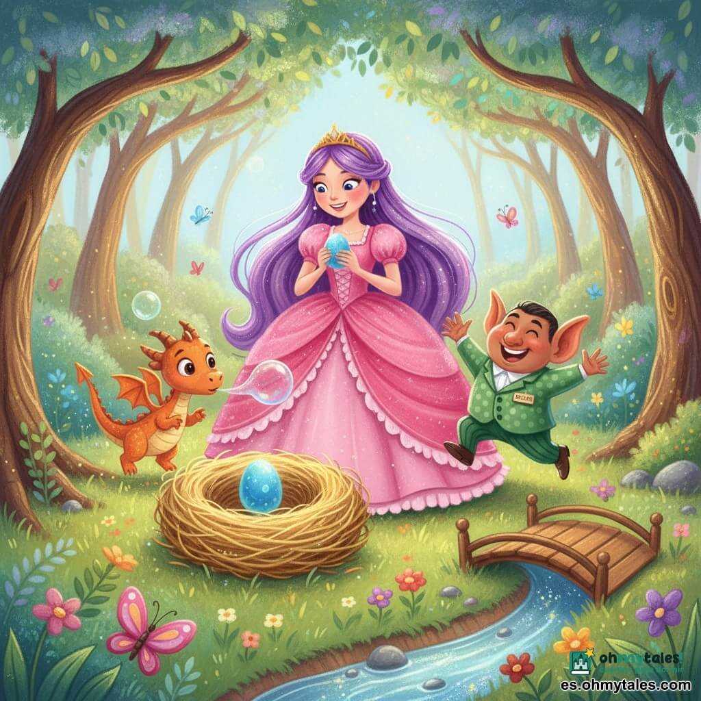Una joven princesa sonriente de cabellos violeta muy largos, con un vestido rosa de volantes, sostiene delicadamente un pequeño huevo azul luminoso; a su lado el consejero Sr. Parlanchín, bajito y redondo, con grandes orejas en abanico y traje verde de lunares, salta de alegría agitando los brazos; un diminuto dragón naranja de escamas suaves sopla burbujas junto al gran nido de paja dorada brillante, en una clara con flores y mariposas, rodeada de árboles de hojas pastel y un pequeño puente de madera que se dobla como si hiciera yoga; momento mágico y alegre: la princesa acaba de encontrar el huevo de las cosquillas y ríe mientras el bosque parece bailar alrededor.