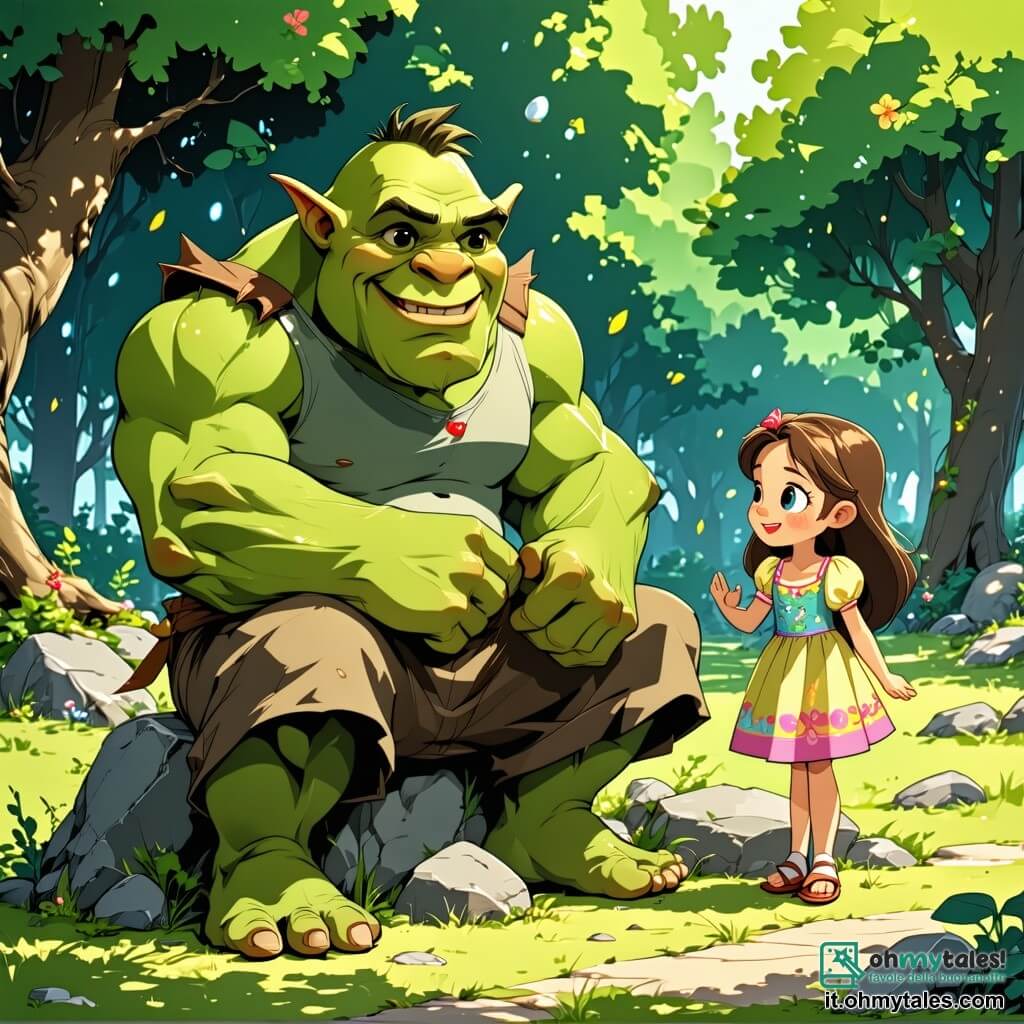 Un orco benevolo di nome Grogo, con una pelle verde brillante, occhi scintillanti e un ampio sorriso, è seduto su una pietra in una radura soleggiata. Indossa pantaloni di tela e una camicia di lino, e sembra gioioso e accogliente. Accanto a lui c'è una bambina di 6 anni, Sofia, con lunghi capelli castani e un vestito colorato, che guarda Grogo con meraviglia, gli occhi brillanti di curiosità. È in piedi, con le mani sui fianchi, pronta a esplorare. Lo sfondo è una foresta incantata, con alberi maestosi, foglie verdi vivaci e fiori multicolori che danzano al vento. Lucciole scintillano intorno a loro, aggiungendo un tocco magico all'atmosfera. La scena principale mostra Grogo che indica a Sofia una porta scintillante in un albero gigante, mentre farfalle colorate volano intorno, creando un'atmosfera di scoperta e avventura.
