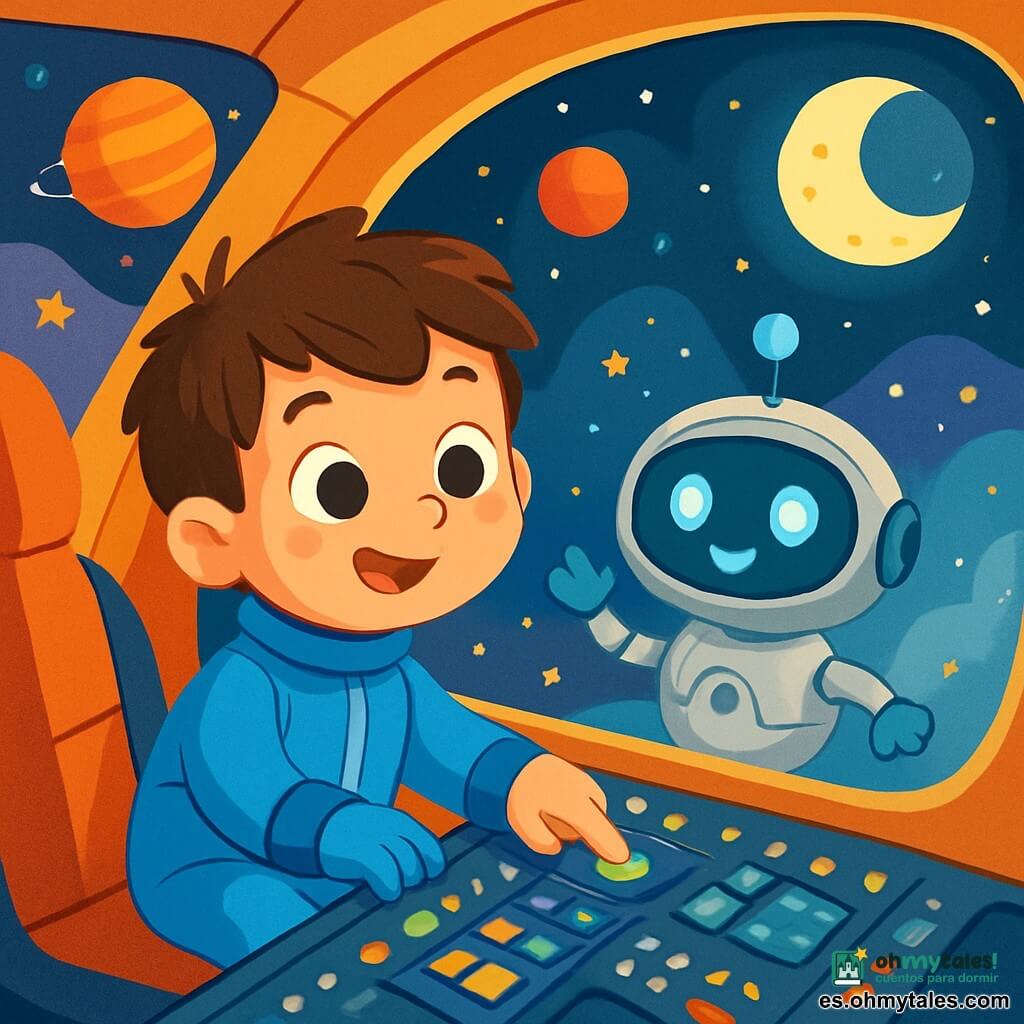 Un joven llamado Lucas, con el cabello castaño desordenado y ojos brillantes de curiosidad, está sentado en la cabina de pilotaje de una nave espacial. Lleva un traje espacial azul brillante y sonríe maravillado al mirar por la ventanilla. A su lado, un pequeño robot redondo y amigable, con ojos luminosos y un cuerpo plateado, flota alegremente, emitiendo bips entusiastas. La escena transcurre en el espacio, rodeada de vastas nubes de polvo estelar y planetas coloridos, con una luna brillante y suave que brilla a lo lejos. Lucas toca un botón en el panel de control, y luces centelleantes iluminan la cabina, creando una atmósfera mágica. La situación principal muestra a Lucas listo para explorar el universo, con una mirada decidida y llena de aventura, mientras el robot lo anima con gestos amistosos.