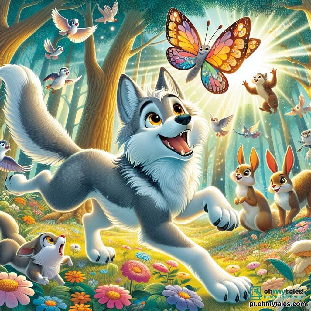 Um lobo chamado Lupinho, com pelagem suave e prateada, olhos brilhantes de curiosidade, salta alegremente no ar, quase tocando as nuvens, com um grande sorriso no rosto. Ao seu lado, uma linda borboleta com asas coloridas do arco-íris voa ao seu redor, iluminando a cena com sua magia. A cena acontece em uma floresta encantada, onde árvores majestosas com troncos grossos se erguem, suas folhas brilhantes filtrando a luz do sol, criando um jogo de sombras e luzes no chão coberto de flores multicoloridas. Lupinho, cheio de alegria e coragem, se eleva no ar, cercado por seus amigos, pequenos pássaros e coelhinhos, que o incentivam cantando, enquanto um esquilo curioso observa a cena de um galho, com os olhos arregalados de admiração.