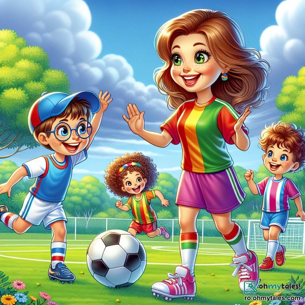O femeie, Maria, se află în centrul imaginii, zâmbitoare și plină de energie, cu părul castaniu și ochii sclipitori. Ea poartă un tricou de fotbal colorat și pantaloni scurți, ținând o minge de fotbal sub un braț, pregătită să îi învețe pe copii. La dreapta ei, un băiat numit Matei, în vârstă de 8 ani, cu o șapcă albastră și ochelari, își ridică brațele în aer cu entuziasm, exprimându-și excitația. La stânga ei, o fetiță numită Ana, în vârstă de 7 ani, cu părul creț și o rochie sport, încearcă să dribleze mingea cu un mare zâmbet pe față. Scena se desfășoară pe un teren de fotbal verde, înconjurat de copaci colorați și un cer albastru deschis, cu nori albi pufoși plutind ușor. Situația principală o arată pe Maria învățând copiii cum să dribleze și să paseze mingea, în timp ce ei râd și se distrează, creând o atmosferă veselă și dinamică, plină de camaraderie și pasiune pentru fotbal.