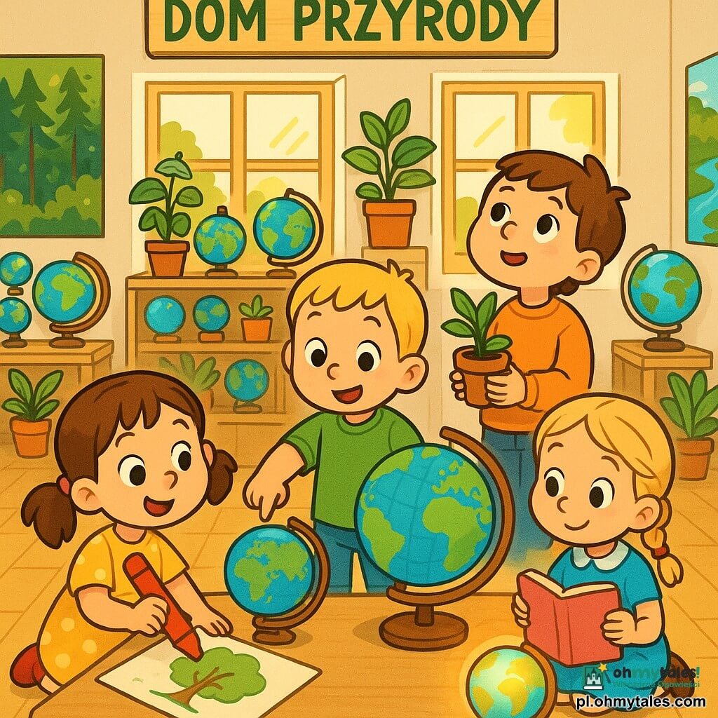 Cztery dzieci: Hania, 5 lat, brązowe warkoczyki, żółta sukienka w białe kropki, trzyma czerwony ołówek i rysuje drzewo po lewej; Kuba, 5 lat, krótkie blond włosy, zielony T‑shirt, wskazuje na niebiesko‑zielony globus na stole w centrum; Zosia, 5 lat, jasne blond warkocze, niebieska sukienka, przytula różową książkę siedząc po prawej przy świecącym globusie; Michał, 5 lat, włosy kasztanowe, pomarańczowy sweter, stoi za stołem, patrzy zachwycony w sufit i trzyma małą zieloną roślinę doniczkową; wnętrze sali Domu Przyrody z jasnymi ścianami i dużymi oknami wpuszczającymi złote światło, półki i stół pełne kolorowych globusów, rośliny doniczkowe i plakaty lasów, jasna podłoga; scena radosna i świetlista, dzieci poznają globusy i uczą się chronić planetę, styl kreskówkowy, żywe kolory i miękkie kontury.